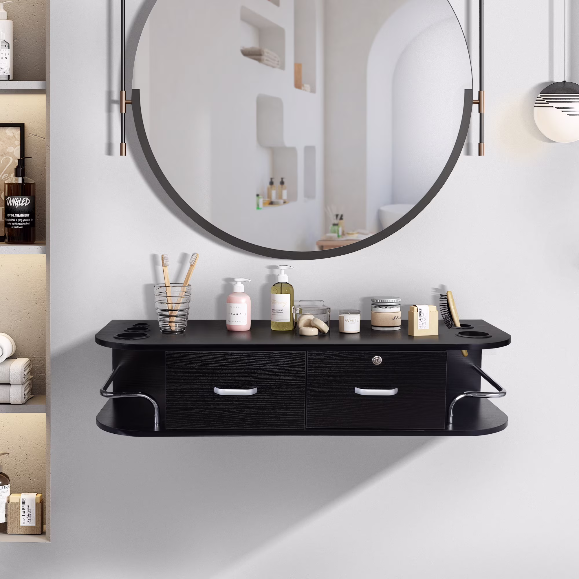 RESHABLE Modern Wall-Mounted Salon Station Barber Cabinet with Locking Drawer Storage Table for Hair Stylist Black