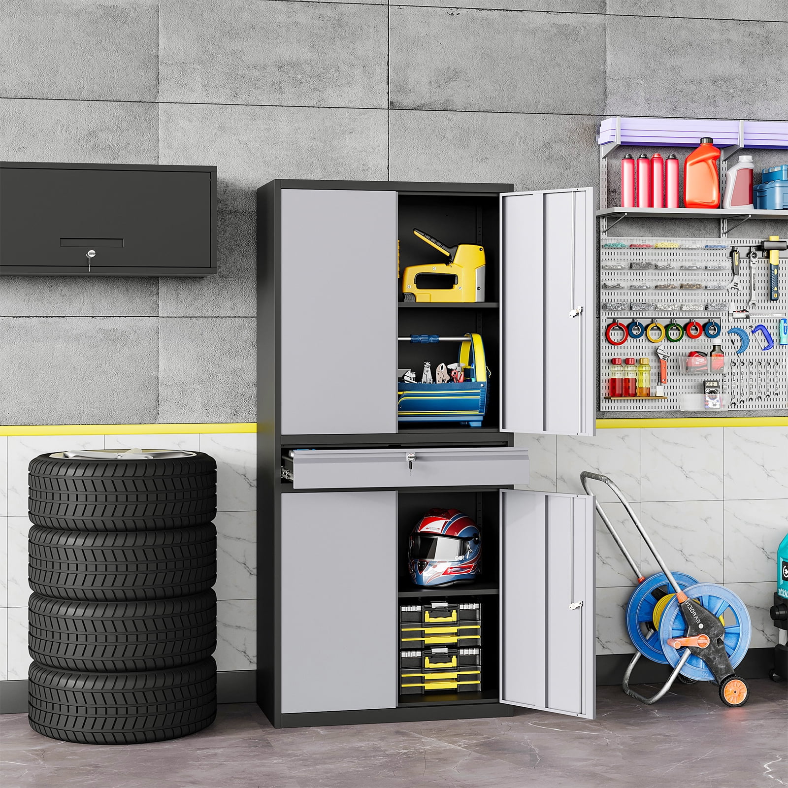 STANI Metal Garage Storage Cabinets with Drawer, 4 Doors Tool Storage Cabinet with 2 Adjustable Shelves, 73"H Rolling Steel Locking Cabinet for Garage Utility Room Home Office (Black, 4 Wheel) - Image 28