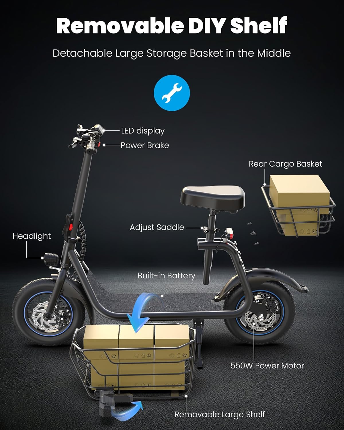 Electric Scooter with Large Basket, 550W Motor - Image 8