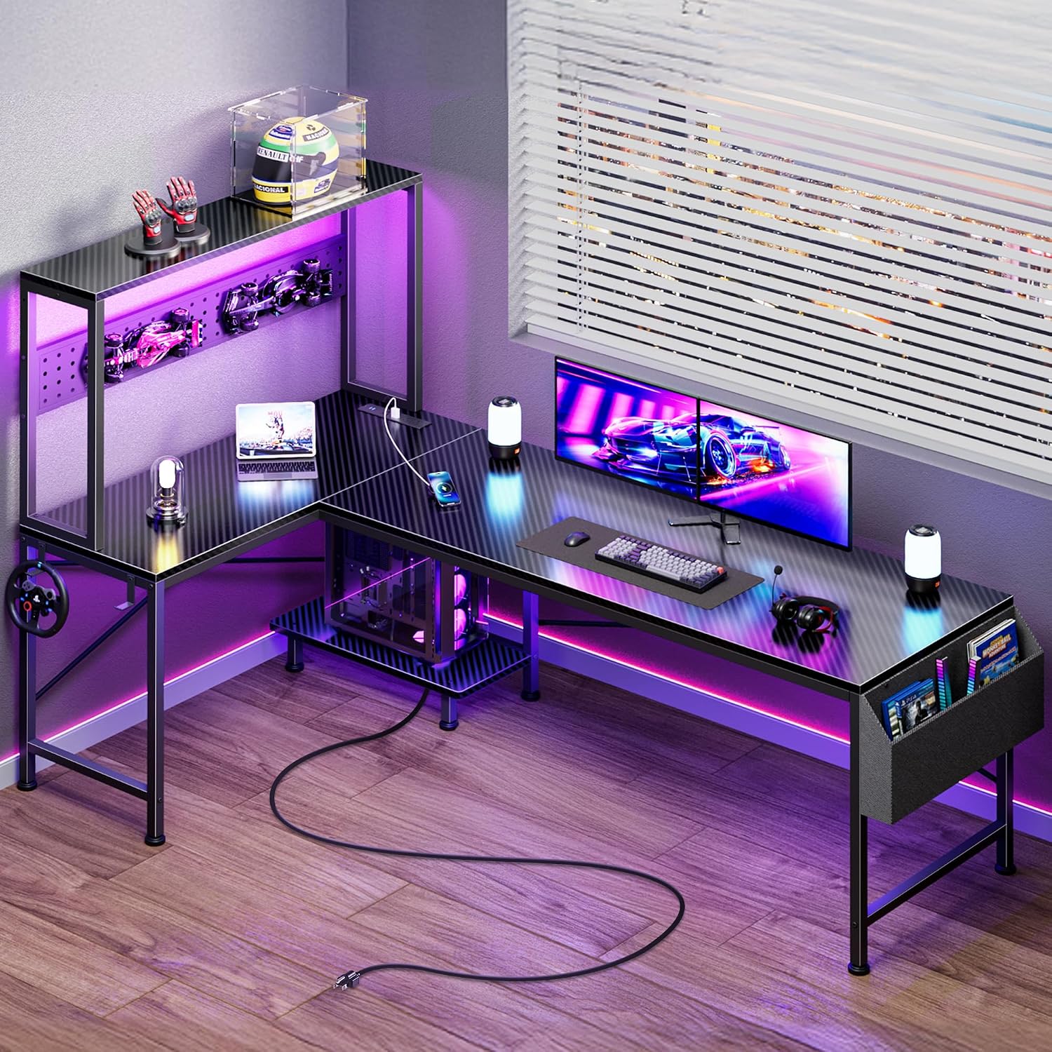 L Shaped Gaming Desk with LED Lights & Power Outlets - Image 5
