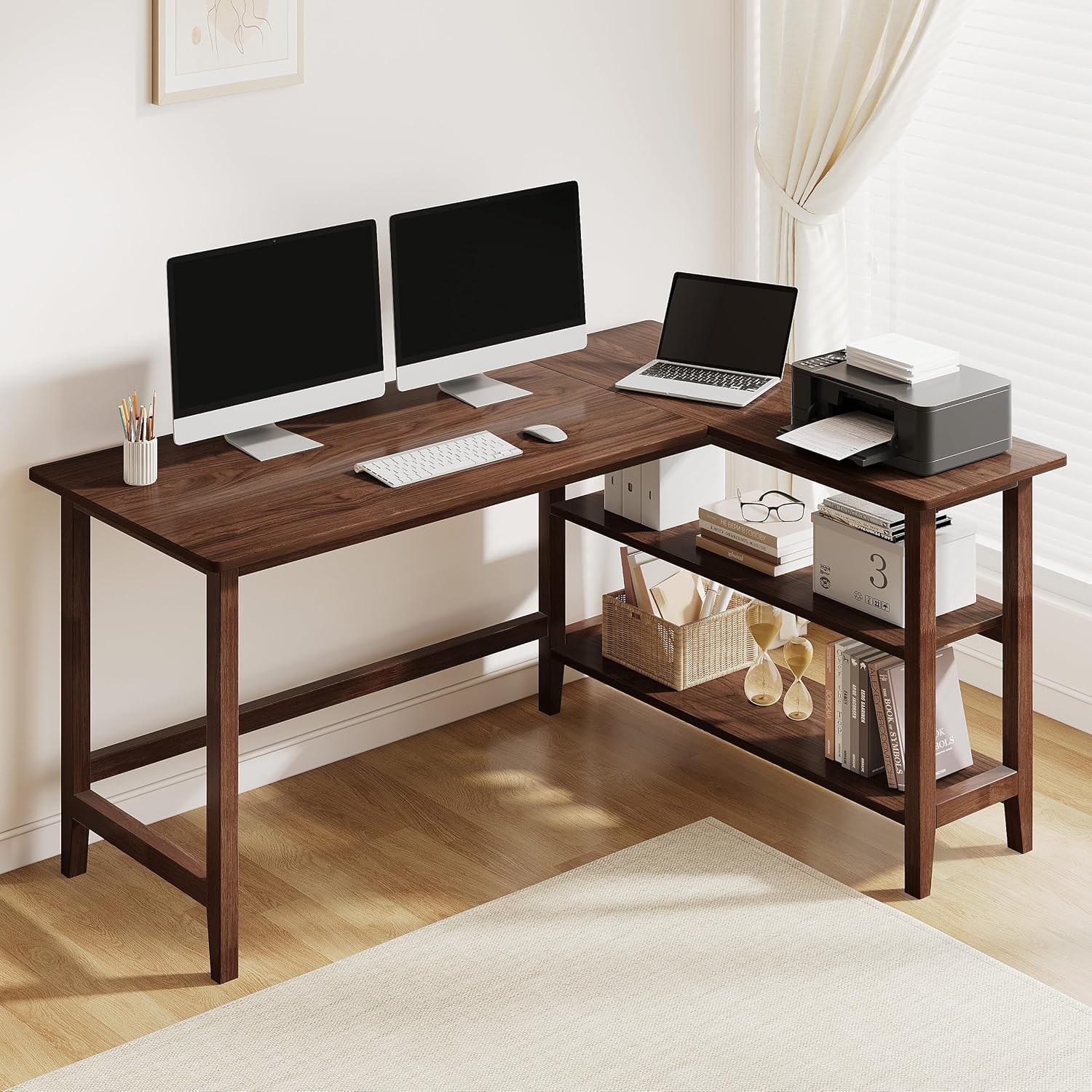 45" Reversible L-Shaped Office Desk with Storage Shelves, Walnut