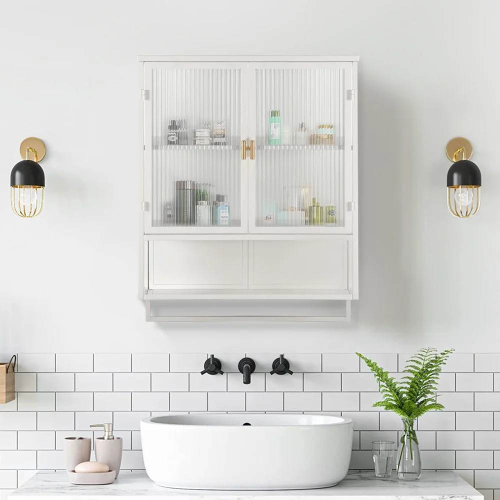 Tcbosik Modern Metal Wall Storage Cabinet with 2 Glass Door and Detachable Shelf, Open Shelf, and Towel Bar, Vintage Cabinet for Kitchen Dining, Bathroom, Living Room, White - Image 2