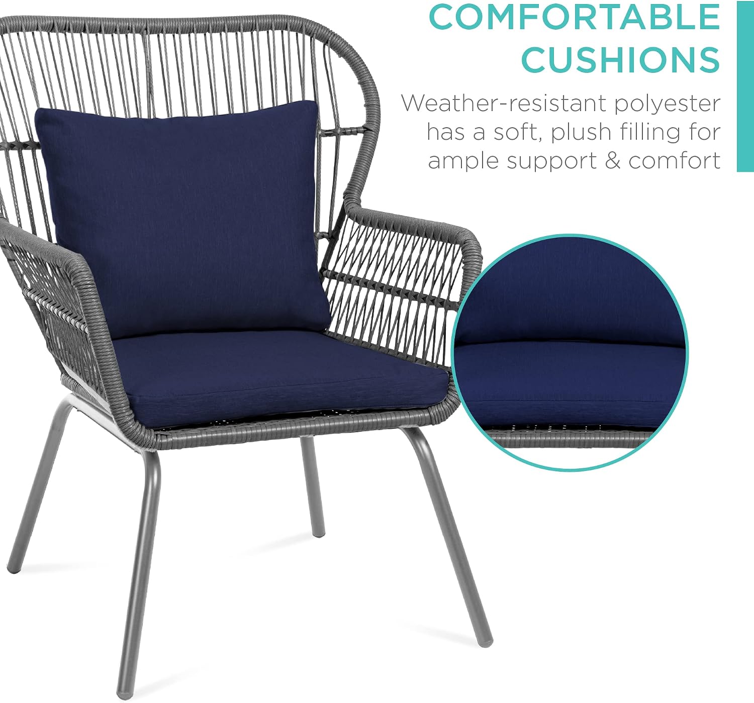 3-Piece Patio Conversation Bistro Set, Outdoor All-Weather Wicker Furniture for Porch, Backyard w/ 2 Wide Ergonomic Chairs, Cushions, Glass Top Side Table - Gray/Navy - Image 6