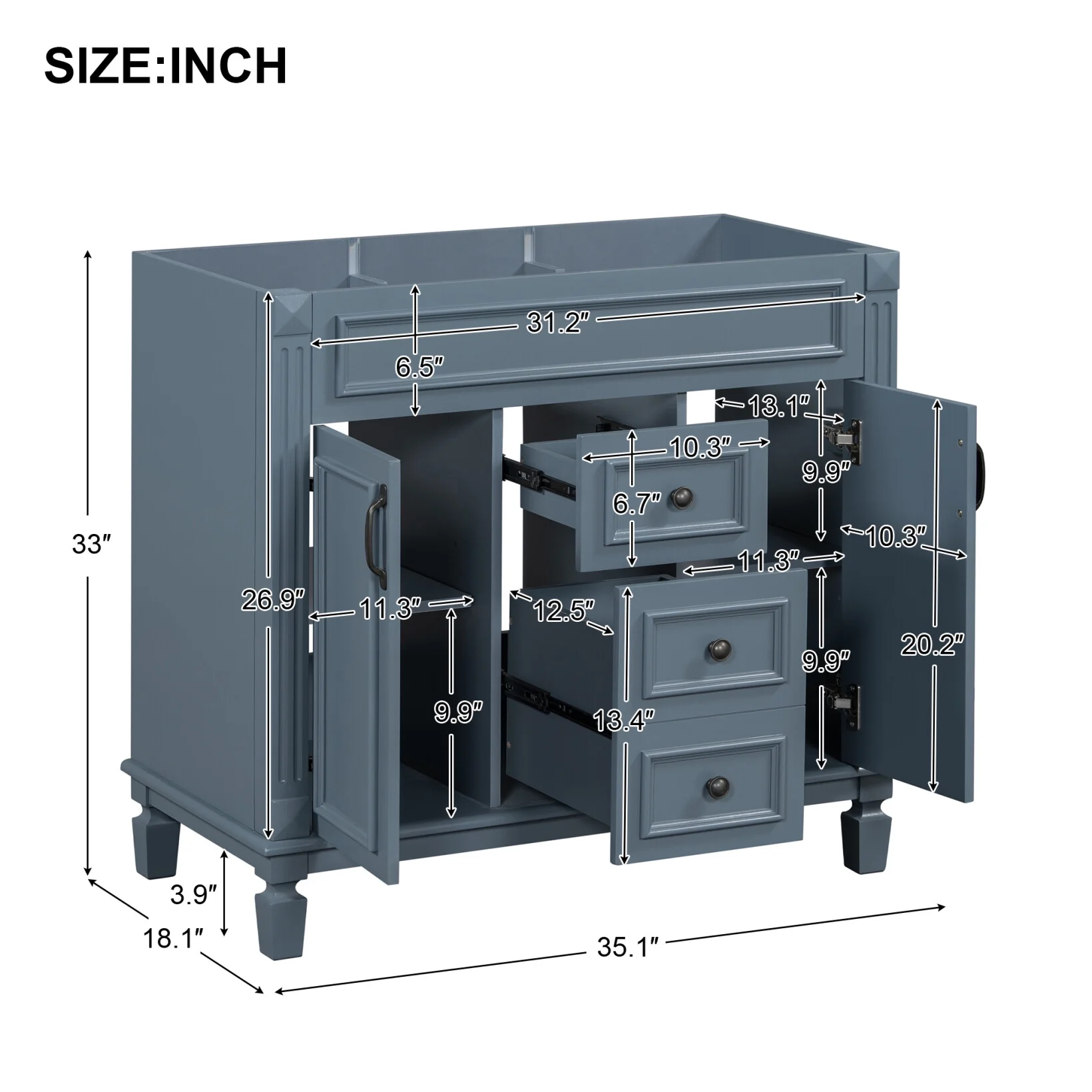 Modern Bathroom Furniture Set, 36" Bathroom Vanity with Top Sink, 35" Wall Mounted Bathroom Storage Cabinet, Mirror Cabinet with 6 Shelves, Storage Cabinet with 2 Doors and 2 Drawers, Grey - Image 12