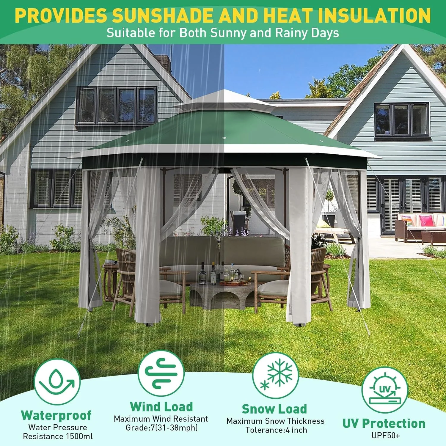13x13 Gazebo Outdoor Canopy Shelter,Instant Patio Gazebo Sun Shade Canopy Tent with 6 Zippered Mesh Netting and Strong Steel Frame for Lawn,Garden,Backyard,Deck Party - Image 8