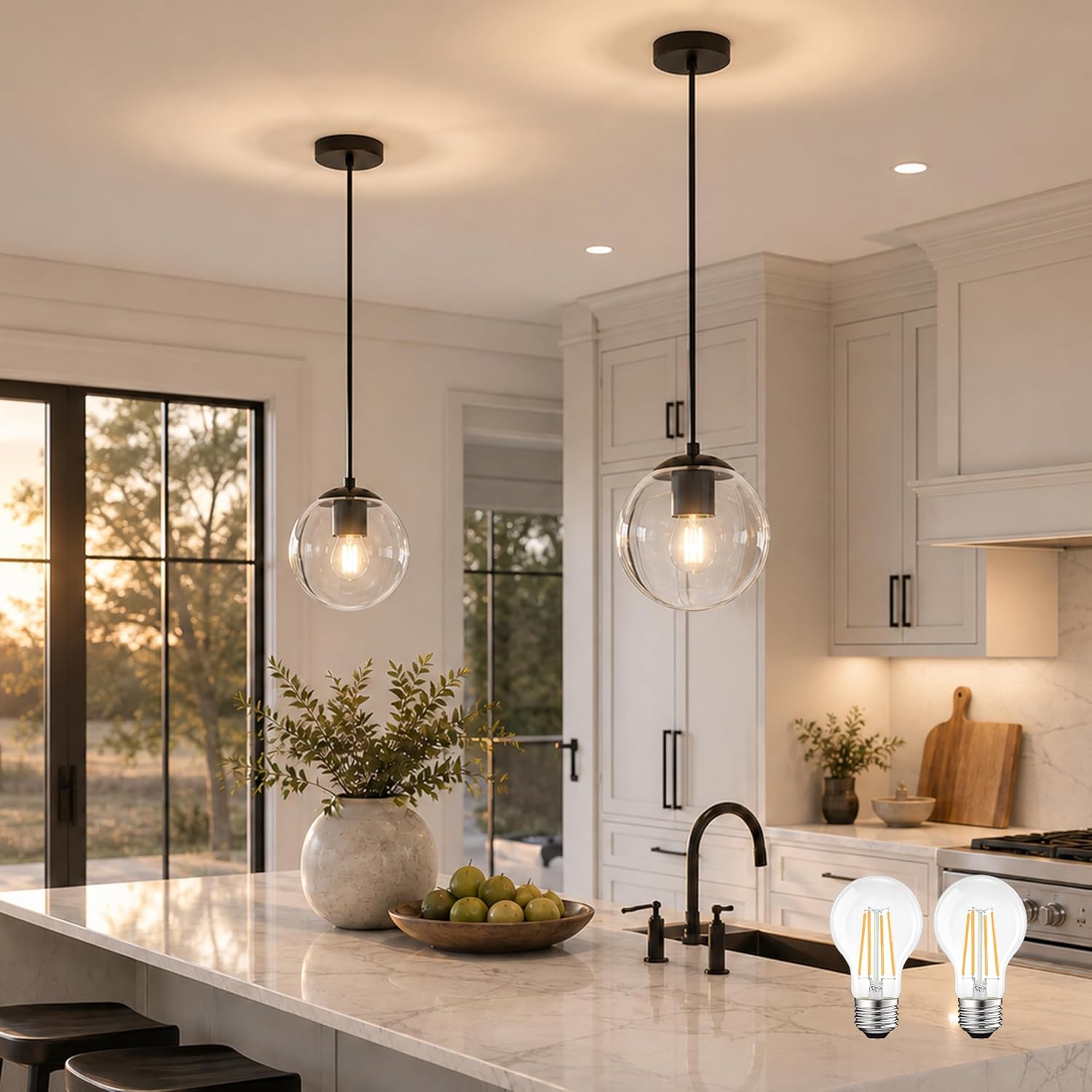 14" Gold Globe Pendant Light, Mid Century Pendant Light, Clear Glass Pendant Lights, Kitchen Island Adjustable Hanging Light Fixture for Dining Room, Bedroom, Kitchen Island - Image 2