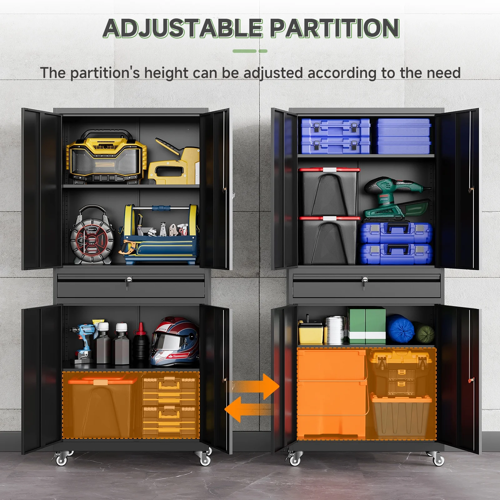 STANI Metal Garage Storage Cabinets with Drawer, 4 Doors Tool Storage Cabinet with 2 Adjustable Shelves, 73"H Rolling Steel Locking Cabinet for Garage Utility Room Home Office (Black, 4 Wheel) - Image 5