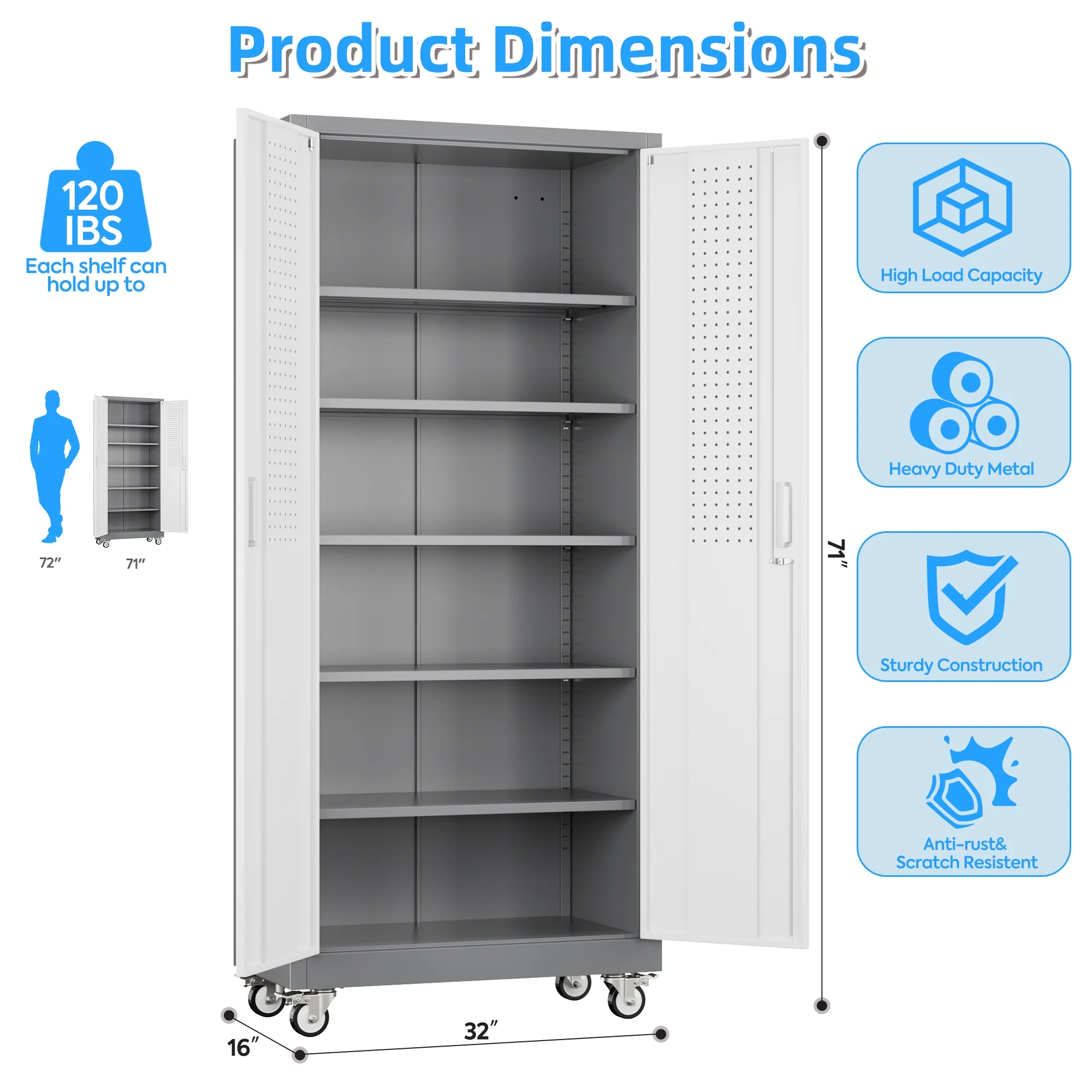 Gaeanet Rolling Tool Storage Cabinet with 5 Adjustable Shelves and Pegboard,Metal Garage Storage Cabinet with Wheels for Garage Home Office Utility Room,71" H-32" W-16" D,Required Assembly, Black - Image 100