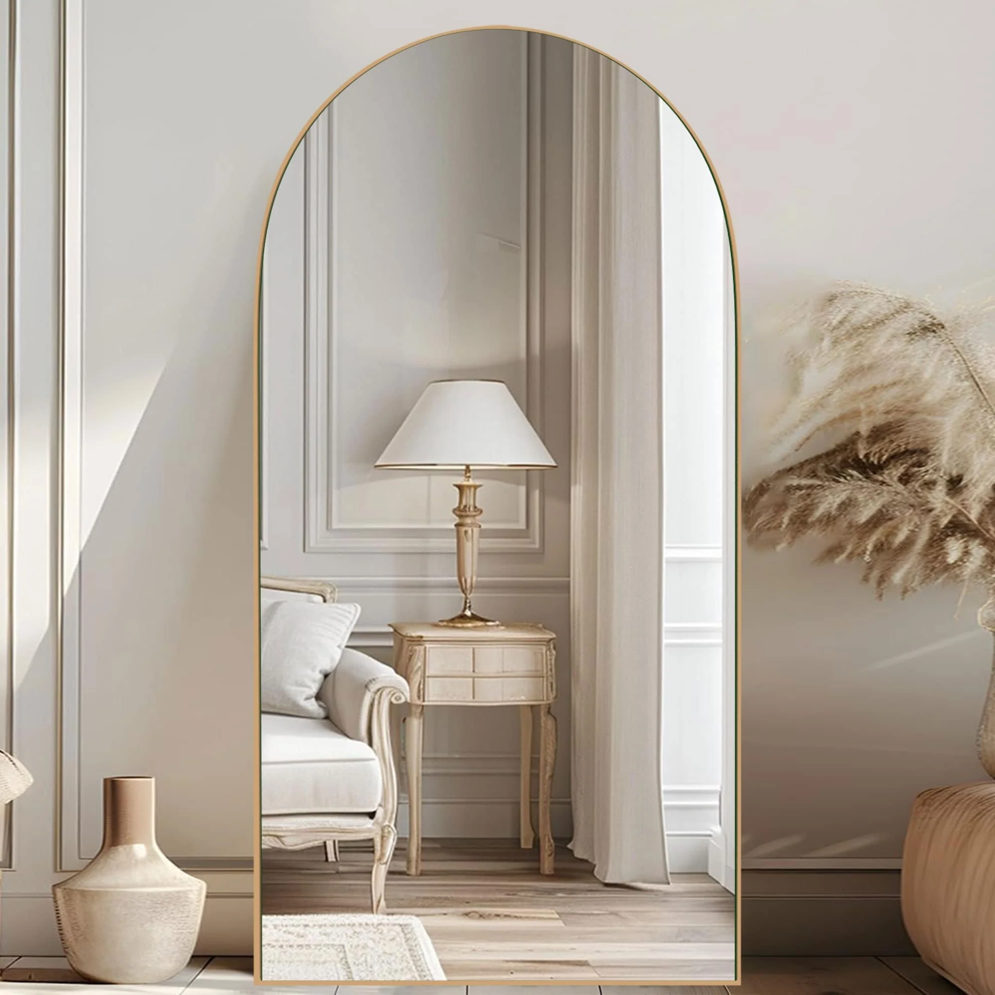 Arched Full Length Wood Floor Mirror, Full Body Standing and Wall Mounted Mirror for Bedroom, Living Room and Home Decor - Image 63