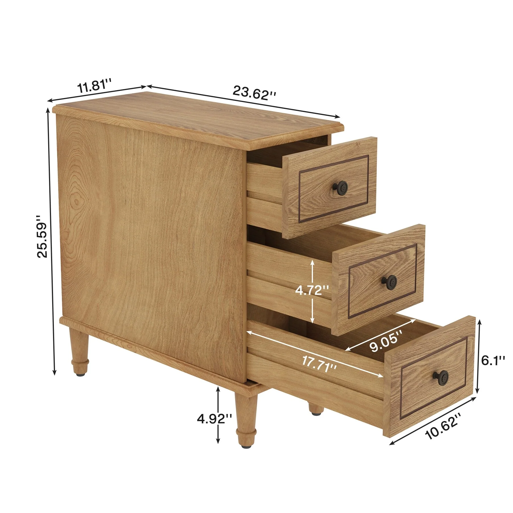 Fully Assembled Narrow End Table, Solid Wood Side Table with 3 Drawers, Vintage Nightstand for Small Spaces - Image 8