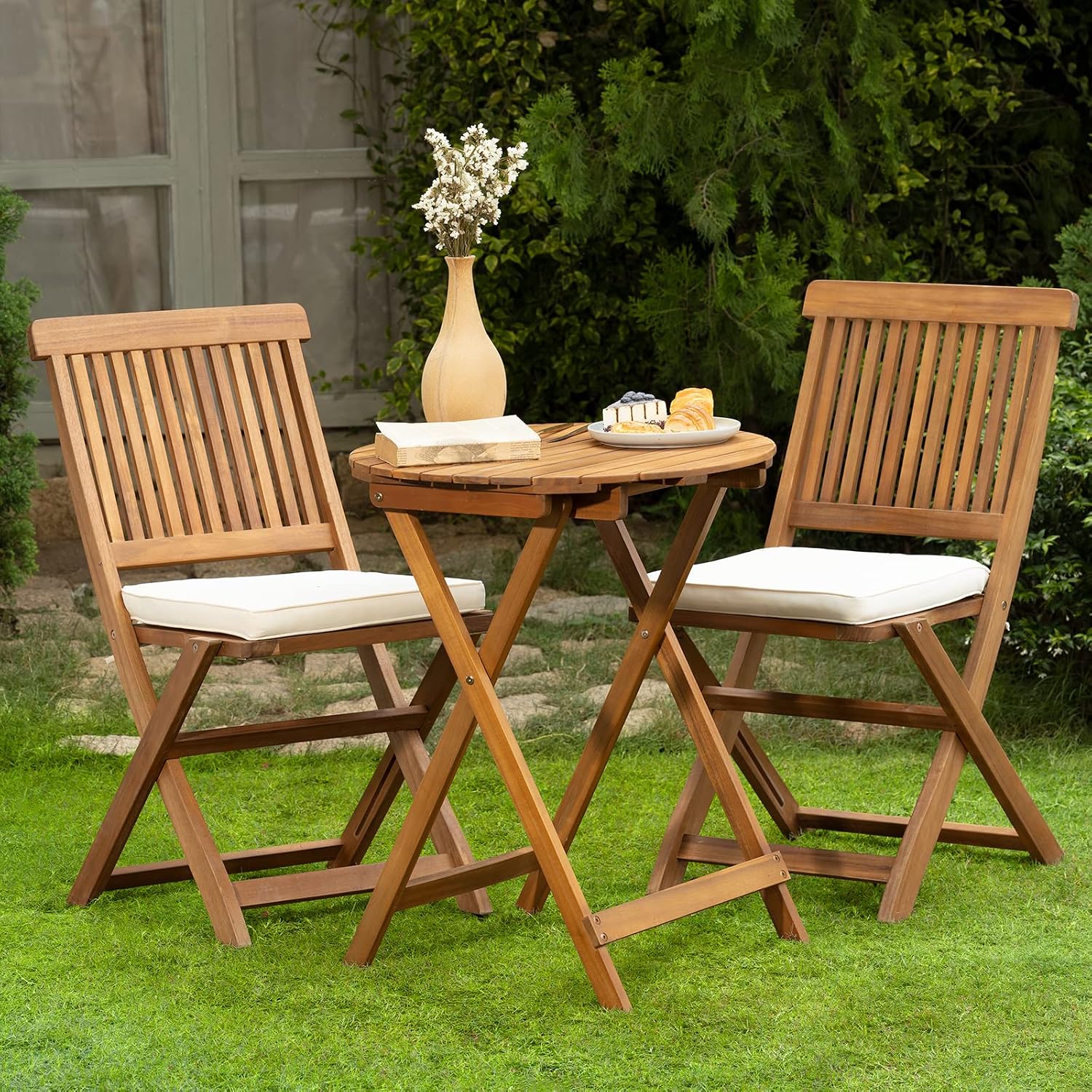 Heavy Duty 400lbs Capacity Patio Bistro Sets, 3 Piece Outdoor Folding Chairs with Cushions and Square Table, FSC-Certified Acacia Wood, Space-Saving Design for Balcony, Garden and Porch - Image 10