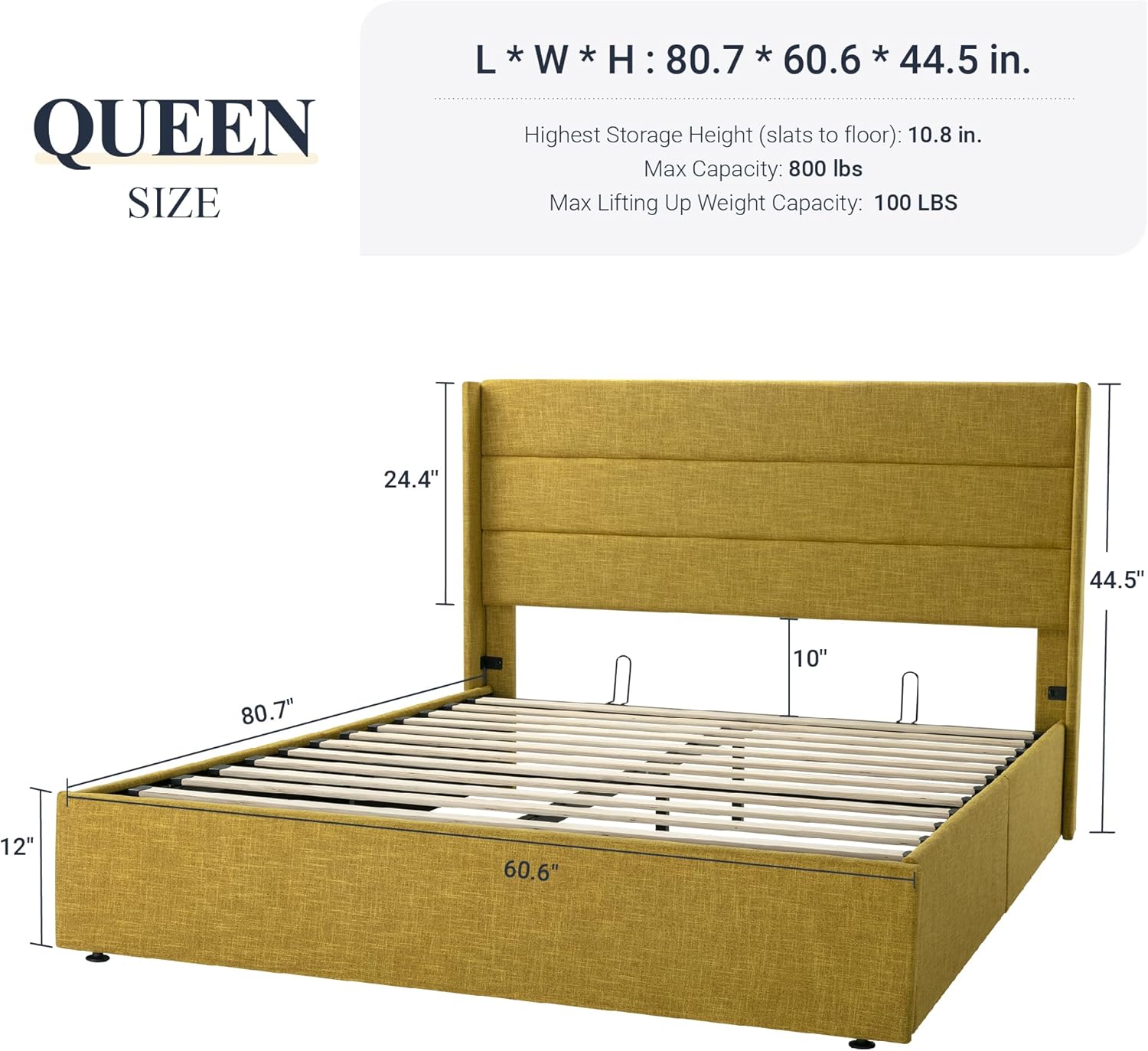Queen Size Lift Up Storage Bed with Wingback Headboard, Upholstered Platform Bed Frame with Hidden Storage - Image 107