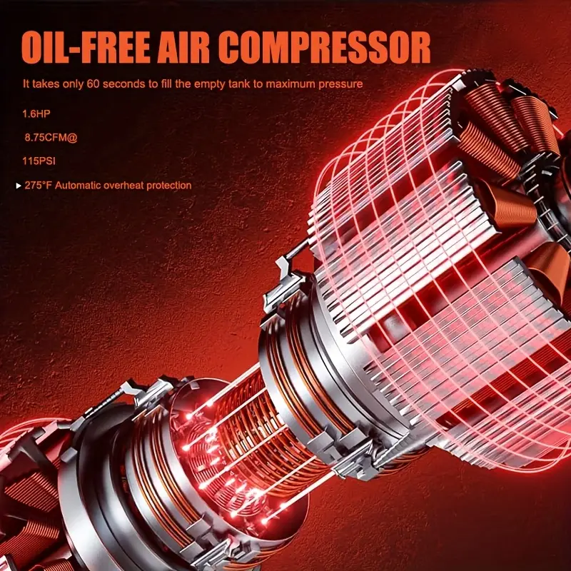 Datingday Ultra Quiet Air 8 Gallon 1.6HP Compressor with Two Quick Couplers & Wheels,Fast 60-Second Inflation & Auto Safety Features ,Max 115 PSI Oil-Free Air Compressor Tank for Home/Commercial Use - Image 4