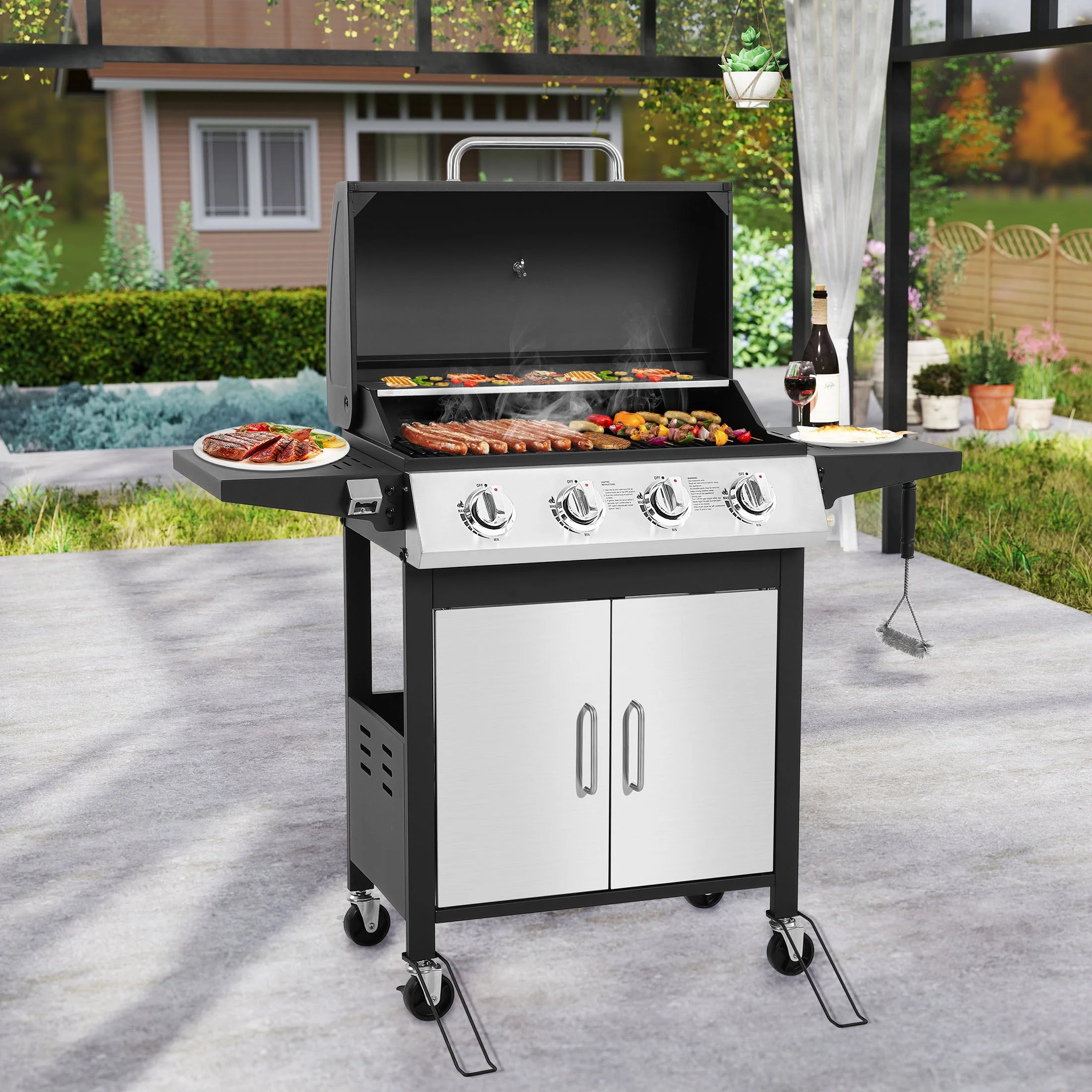 SEGMART 4 Burner BBQ Propane Gas Grill, Stainless Steel 40,000 BTU Patio Garden Barbecue Grill with Folding Side Tables, Cleaning Brush & Thermometer, Perfect for Camping, Outdoor Cooking - Image 2