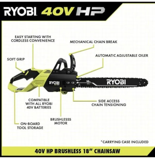 18 40V Cordless Chainsaw Kit with Battery& Charger, Green - Image 6
