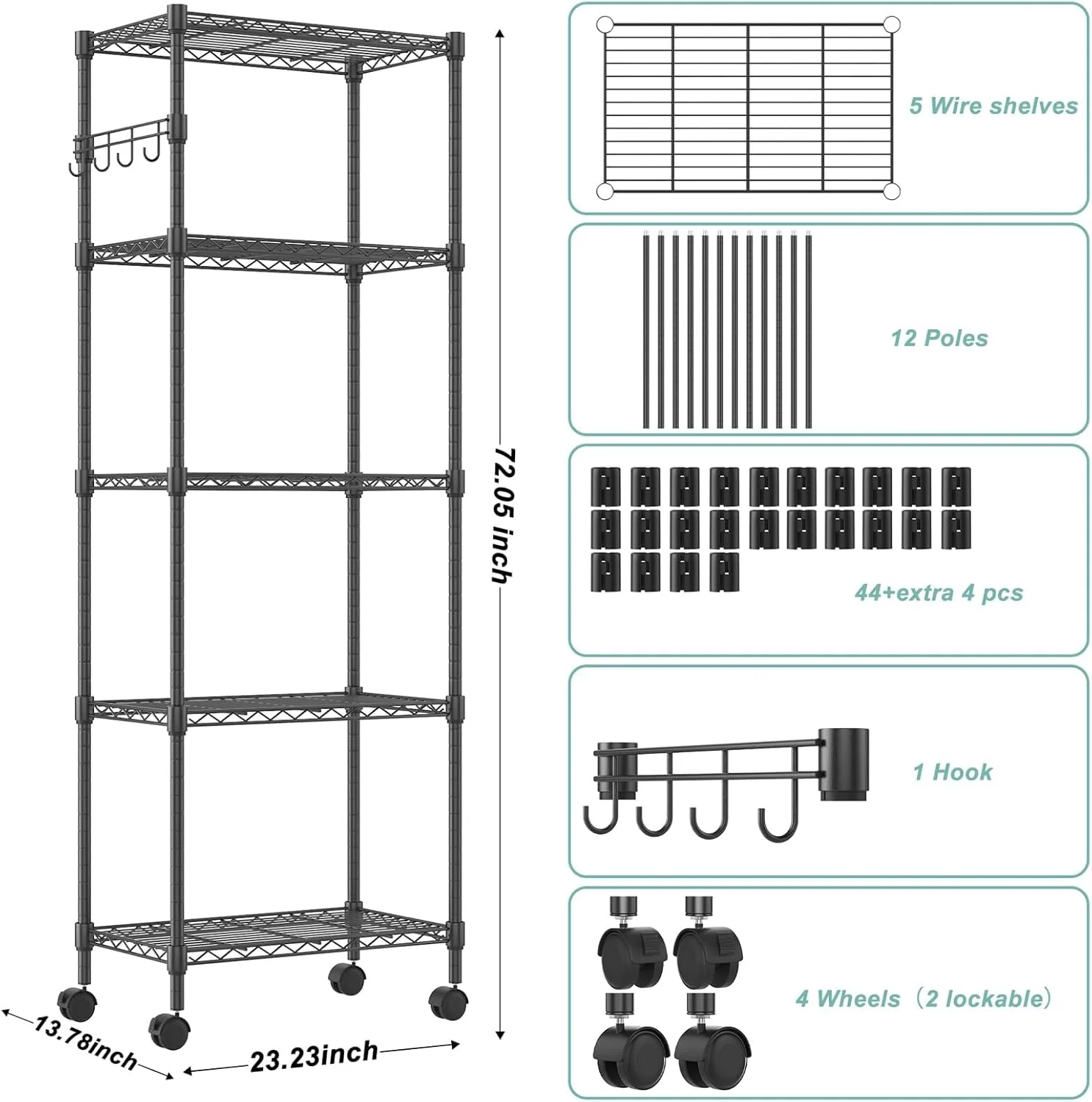 5-Tier Storage Shelf Wire Shelving Unit on Wheels, Adjustable Heavy Duty Metal Shelves with Side Hooks, Steel Rack Organization for Kitchen Garage Basement, Silver - Image 12