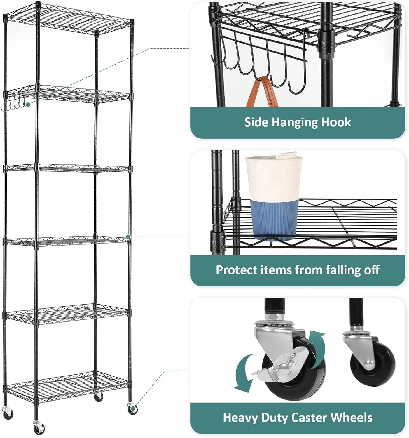 5-Tier Storage Shelf Wire Shelving Unit on Wheels, Adjustable Heavy Duty Metal Shelves with Side Hooks, Steel Rack Organization for Kitchen Garage Basement, Silver - Image 24