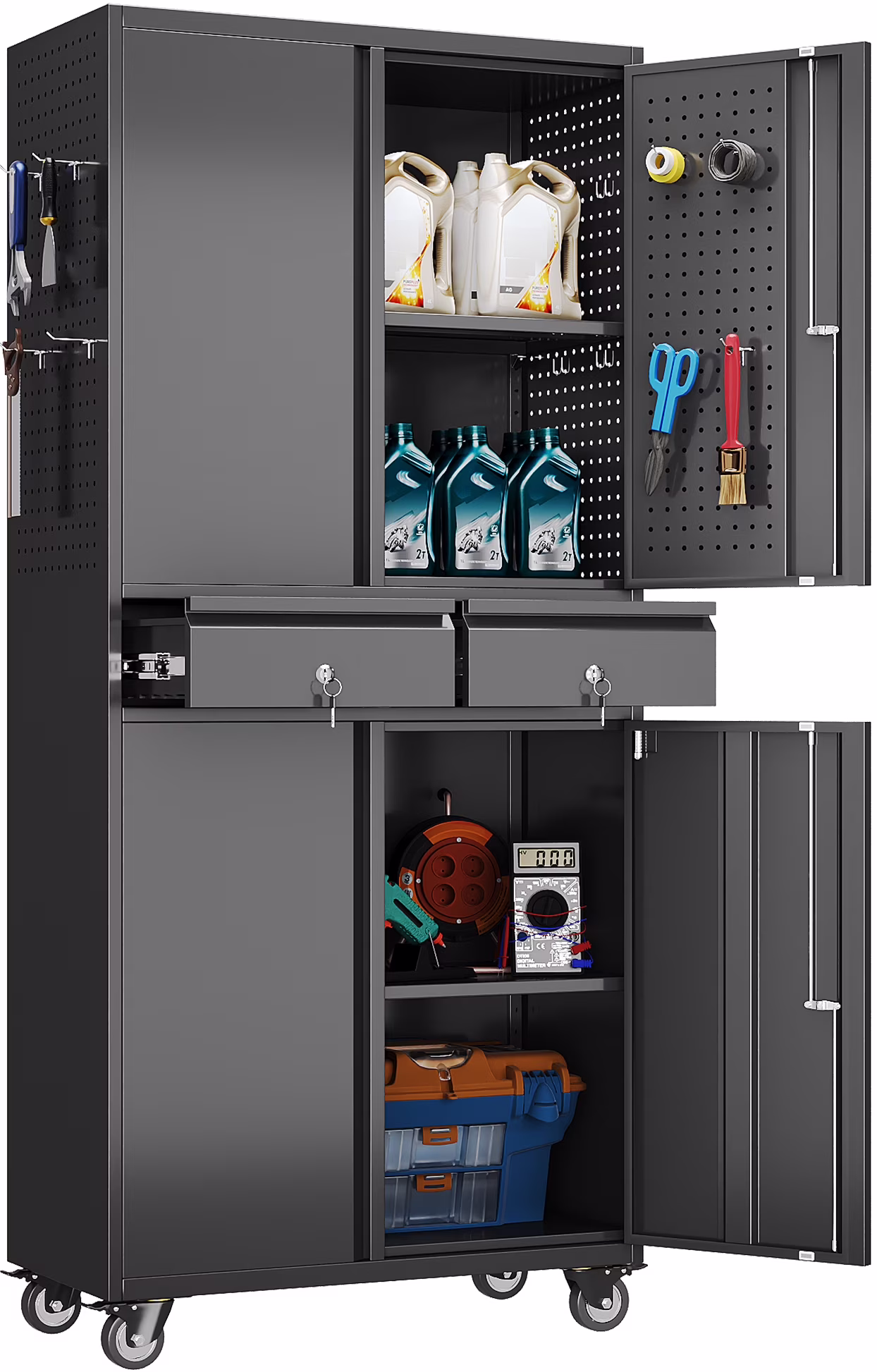 GangMei 71 Inches Tall Metal Garage Storage Cabinets with 5 Adjustable Shelves & Pegboards, Lockable Steel Black Storage Cabinet with Doors for Office, Home, School, Shops, Garage, Assembly required - Image 14