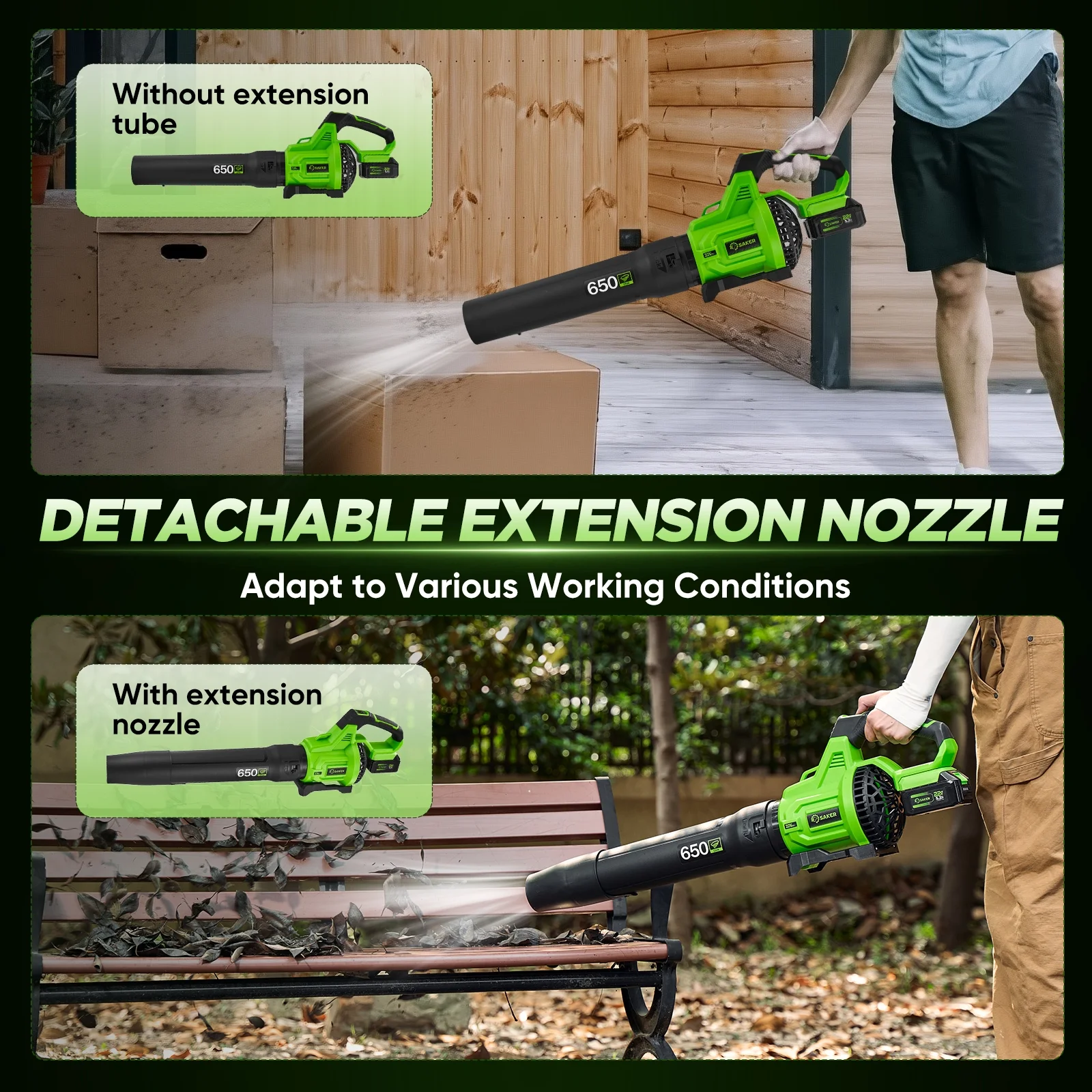 Saker Cordless Leaf Blower with 2x 5.2Ah Batteries, 650CFM, 150MPH, 3 Speed Levels, Electric Leaf Blower for Lawn Care, Leaves Blowing, Patio Cleaning - Image 7