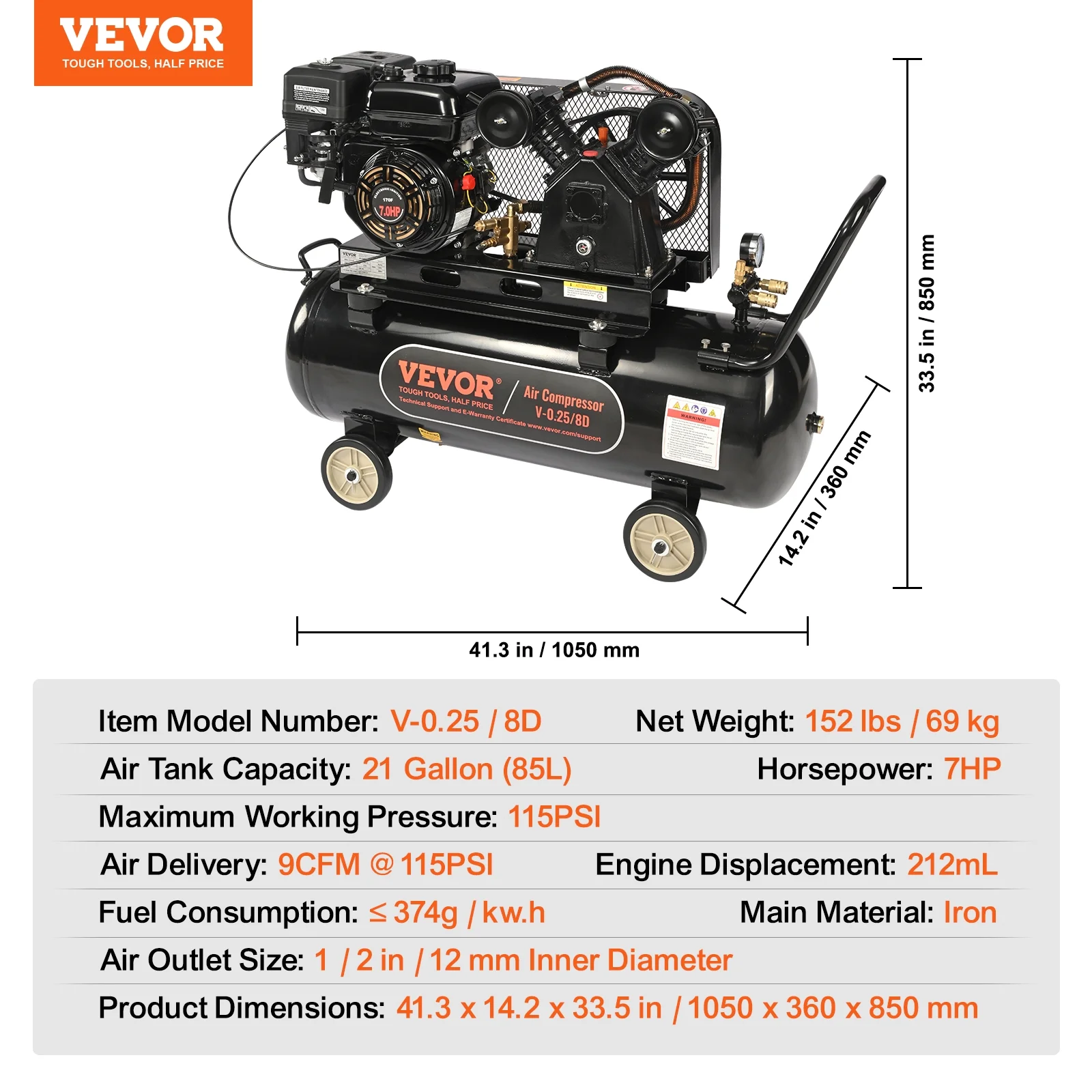 VEVOR 7HP Gas Powered Air Compressor, 21 Gallon Horizontal Air Compressor Tank, 9CFM@115PSI Gas Driven Piston Pump Air Compressed System with 115PSI Max Pressure for Construction Sites Workshop - Image 7