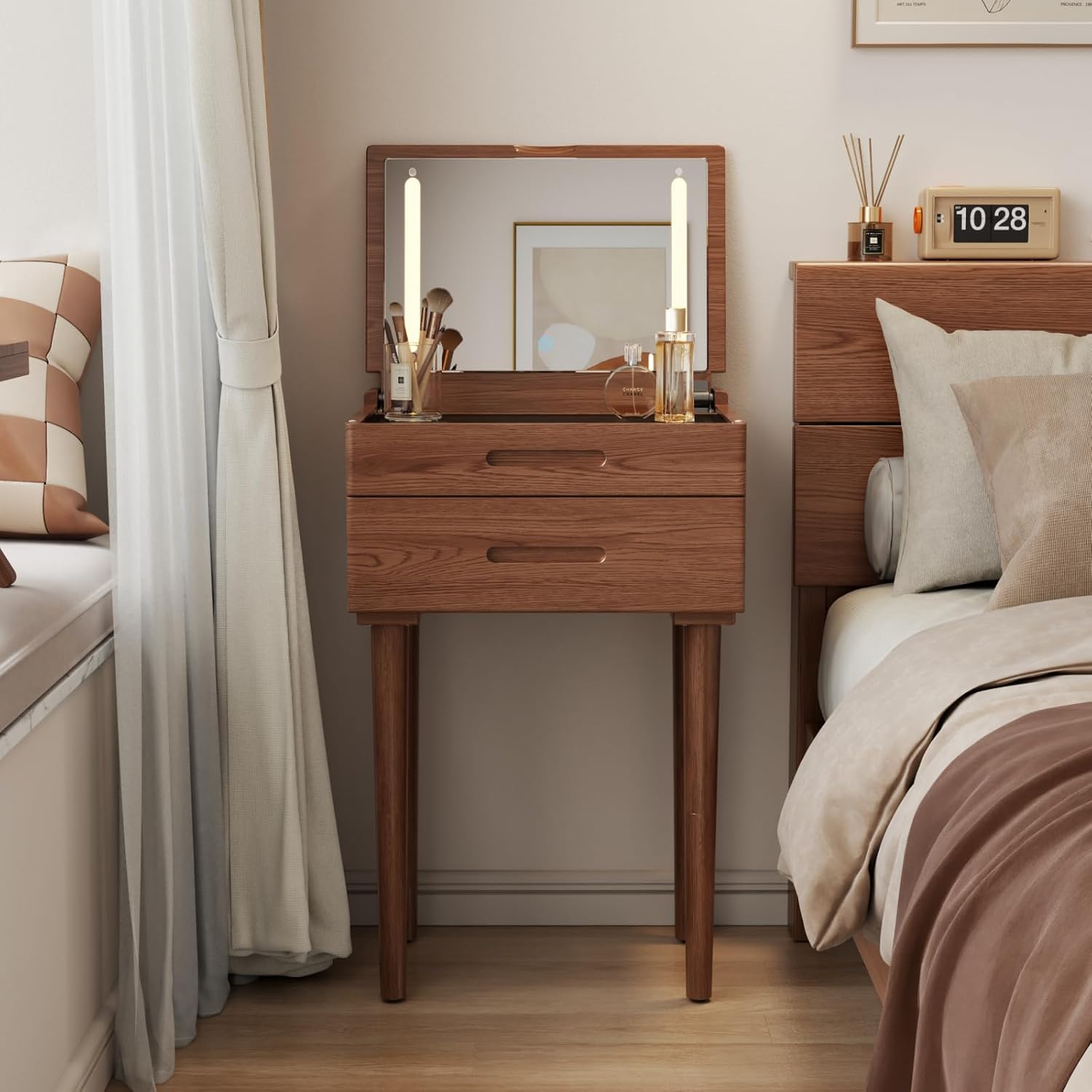 Solid Wood Small Vanity Desk with Mirror and Lights, 19.6", Natural - Image 3