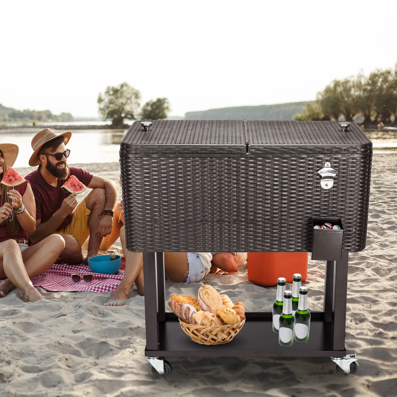 EasingRoom Iron Spray Plastic Patio Cooler Cart with Tray Cooler with Shelf Green - Image 27