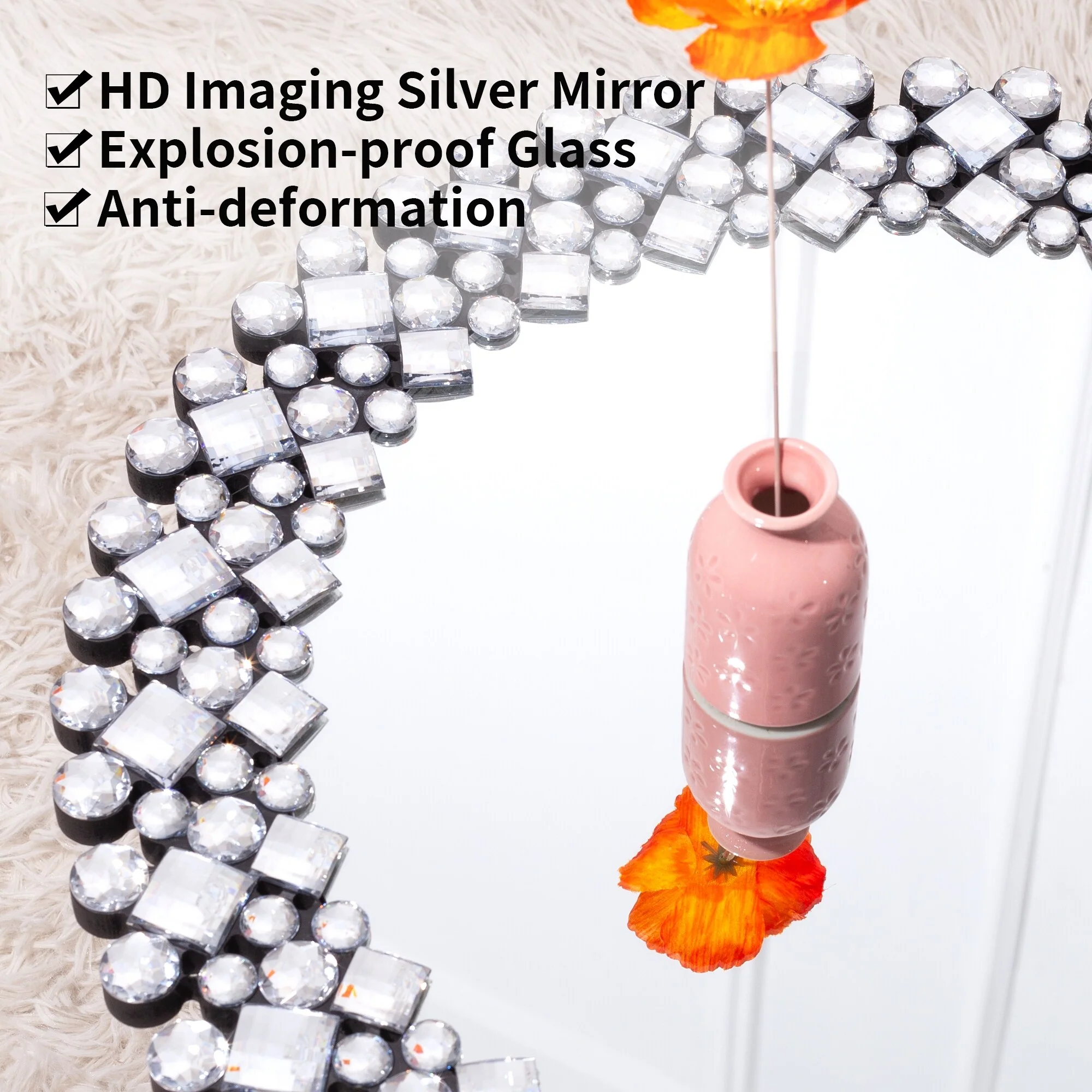 Modern Round Wall Mirror, Crystal Accent Decorative Mirror for Living Room, Bedroom and Entryway - Image 7