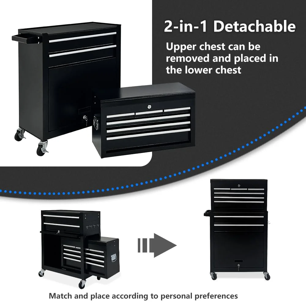 Artbros 8-Drawer Rolling Tool Chest, Large Tool Cabinet with Wheels, Detachable Toolbox Storage for Garage, Repair Shop, Workshop, Black - Image 4