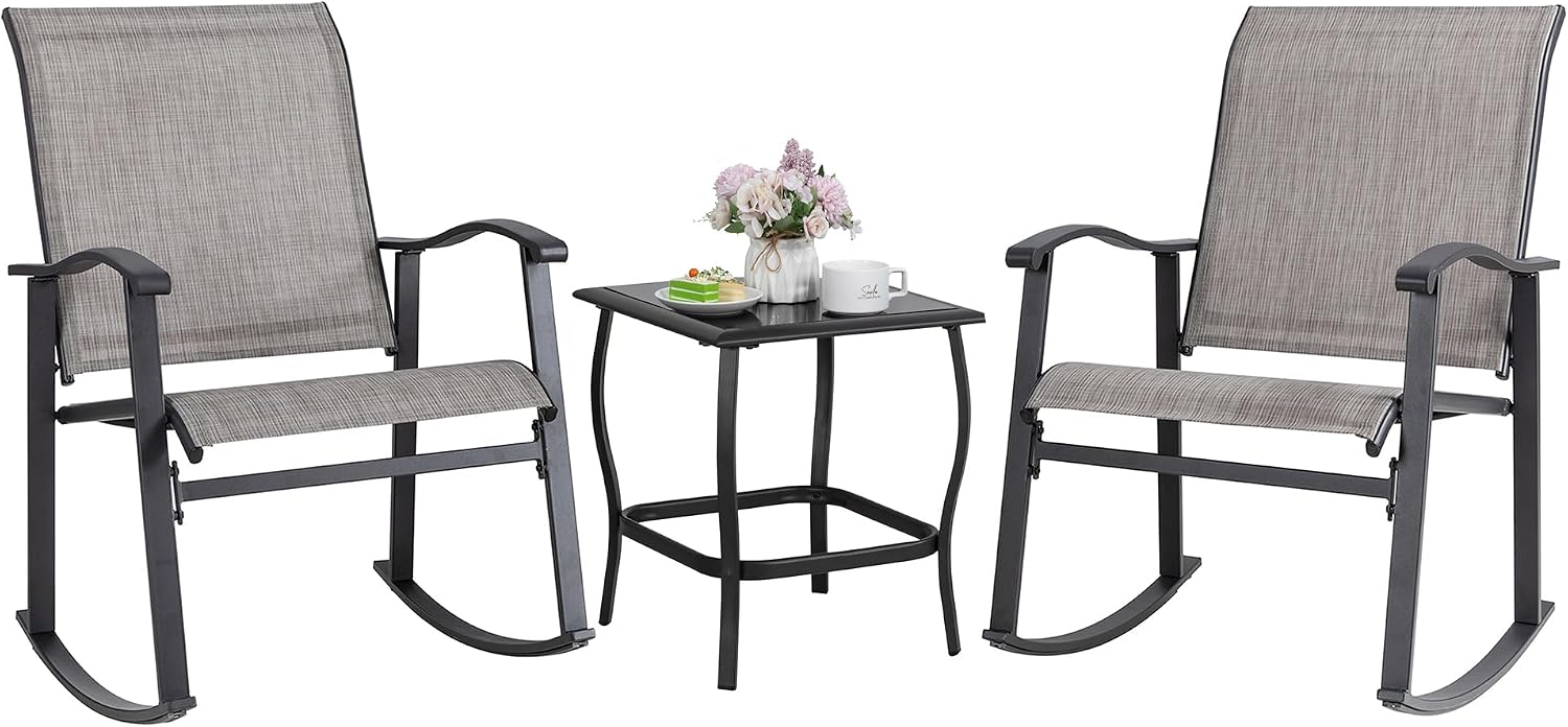 3 Piece Rocking Bistro Set, Outdoor Furniture with Rocker Chairs and Glass Coffee Table Set of 3, Balcony, Porch Furniture for Small Space, Blue - Image 7