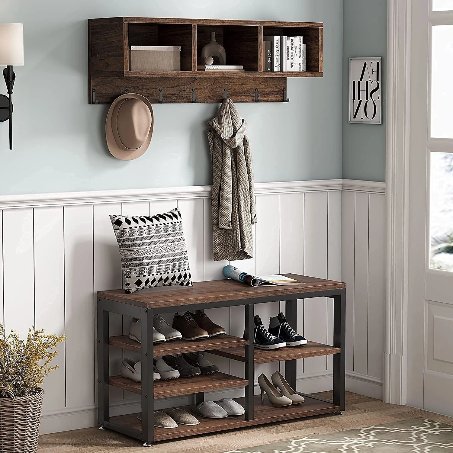 Entryway Coat Rack and Shoe Bench Set, Industrial Hall Tree with Coat and Shoe Storage - Image 12
