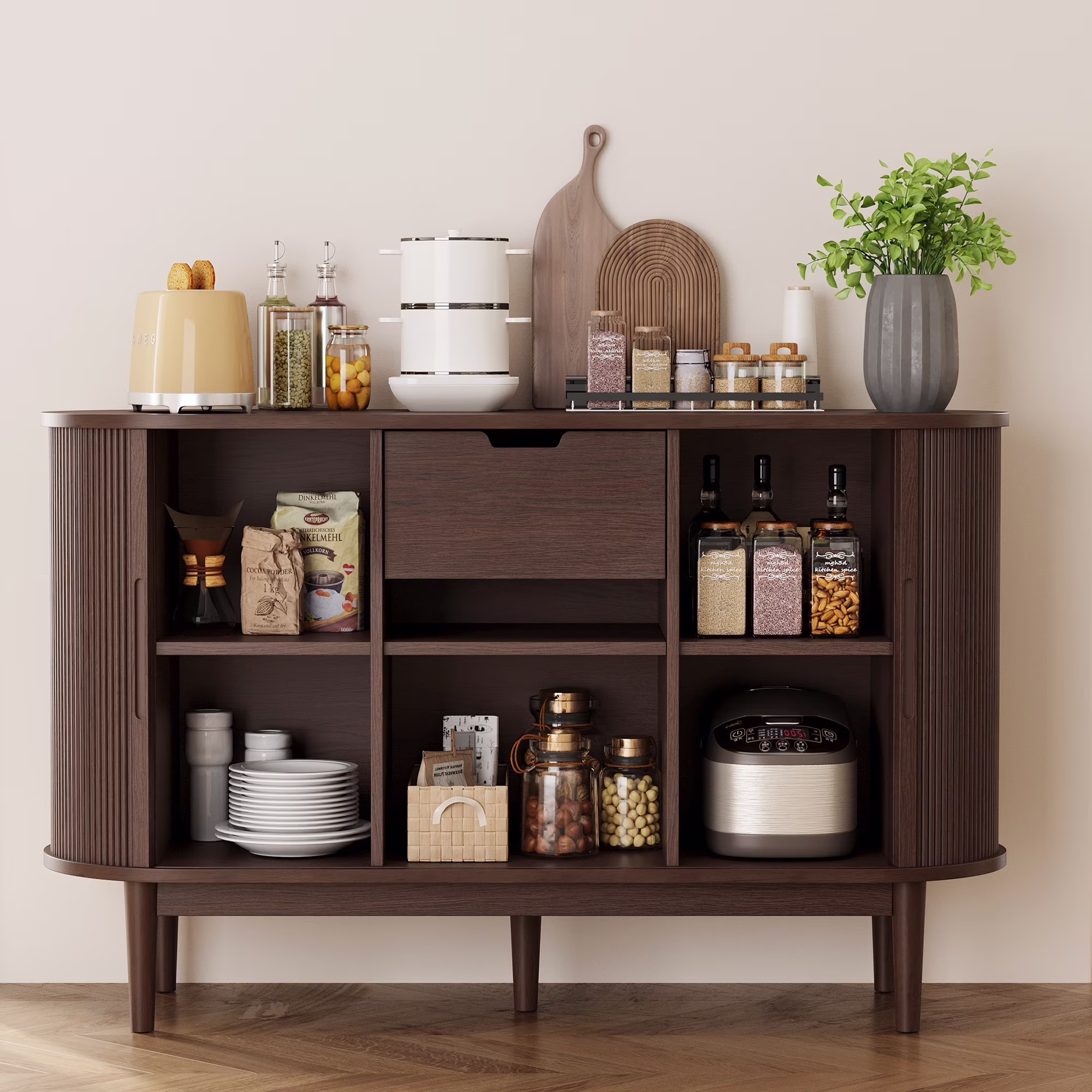 LINSY HOME Fluted Pantry Storage Cabinet, Kitchen Cabinets with Sliding Tambour Door, Wide Storage Cabinet with Removable & Adjustable Shelves for Dining Room, Living Room, Bathroom, Oak - Image 3