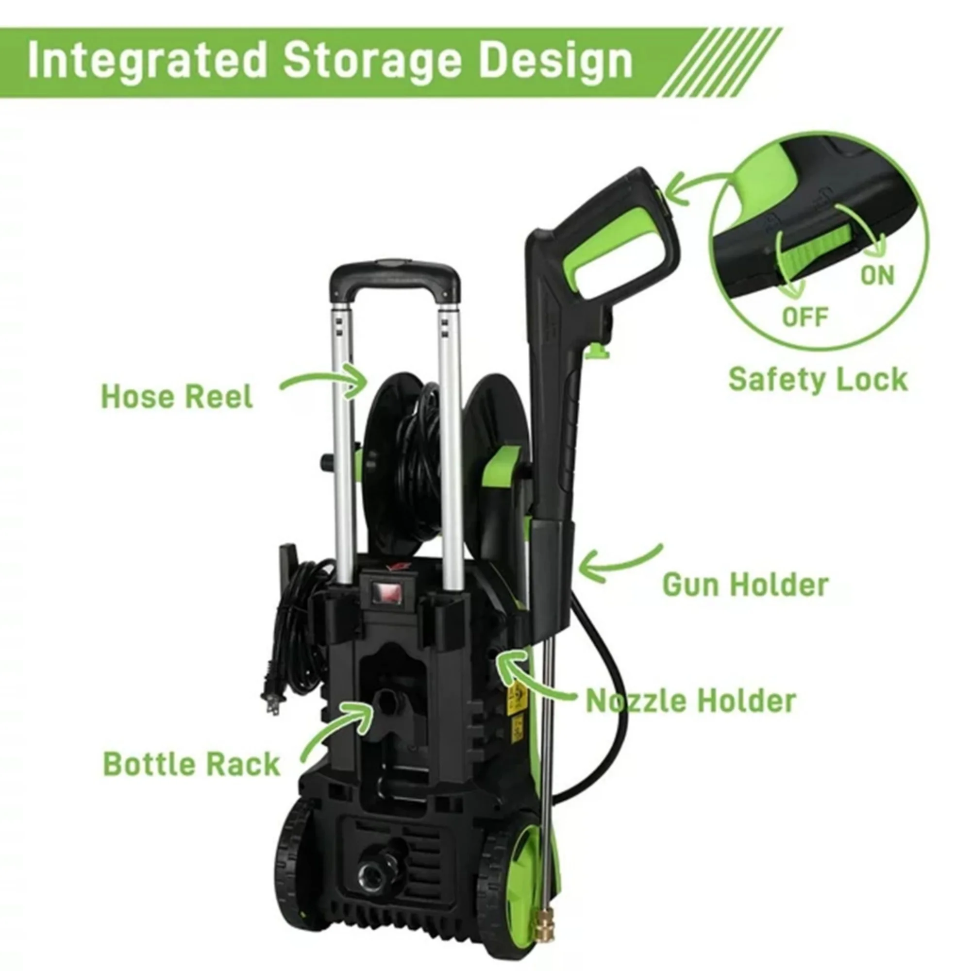 CASEMIOL 1800W Electric Pressure Washer, 3800 PSI, 2.6 GPM Power Washer with Safety Lock & TSS, 19.7ft Hose, 4 Nozzles, Portable High Pressure Cleaning Machine for Cars, Driveways, Patios, Green - Image 3