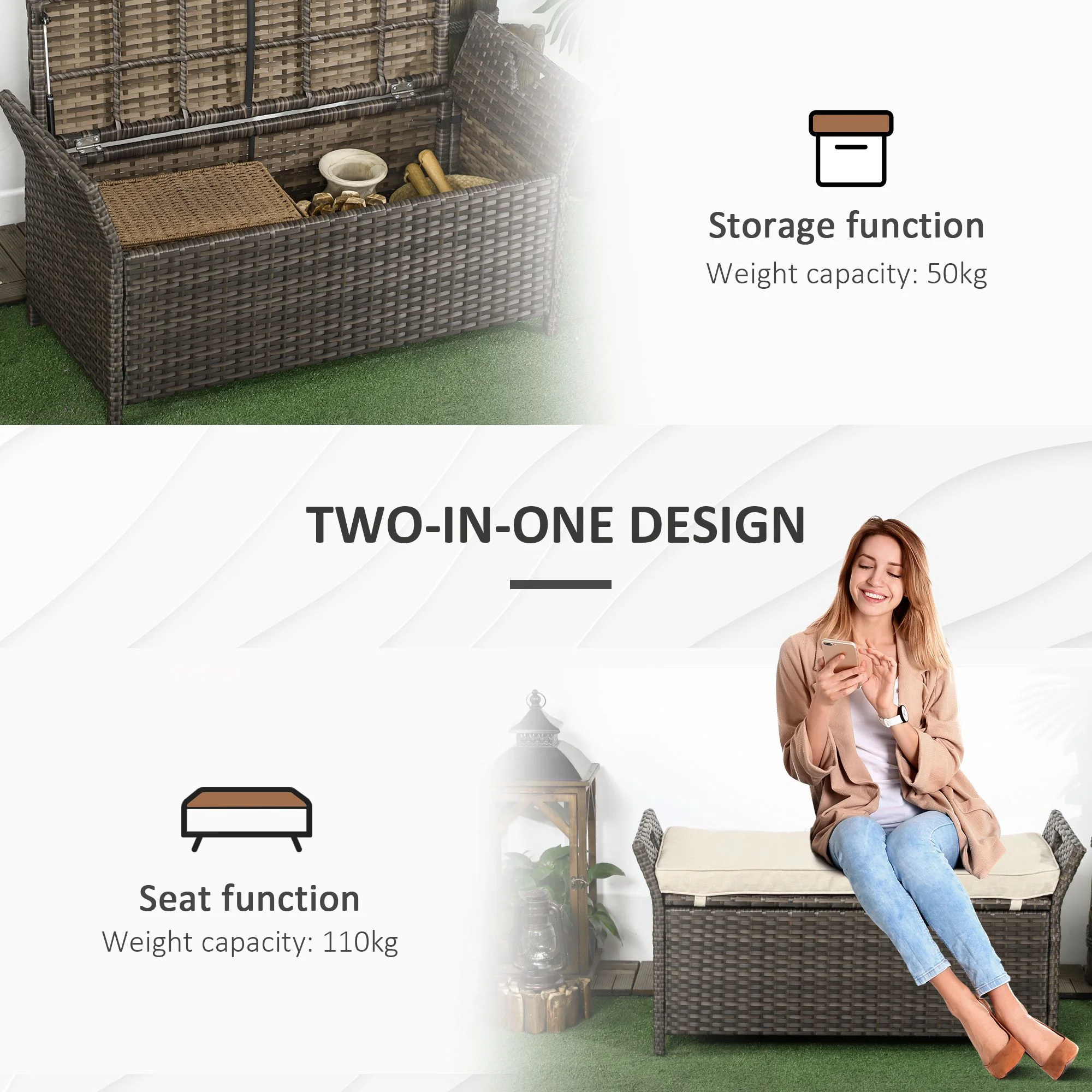 DUOSONG Outsunny 27 Gallon Patio Wicker Storage Bench, Outdoor Pe Rattan Patio Furniture, 2-In-1 Large Capacity Rectangle Garden Storage Box With Handles And Cushion, Cream White Brown+White Steel - Image 4