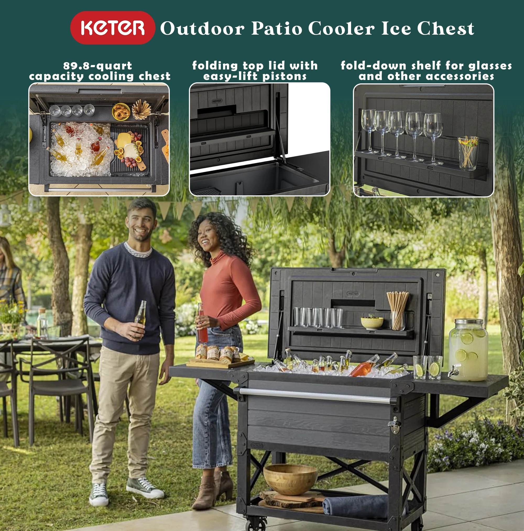 Open Box Keter Outdoor Patio Cooler Ice Chest Insulated Beverage Bar Cart, Gray - Image 4
