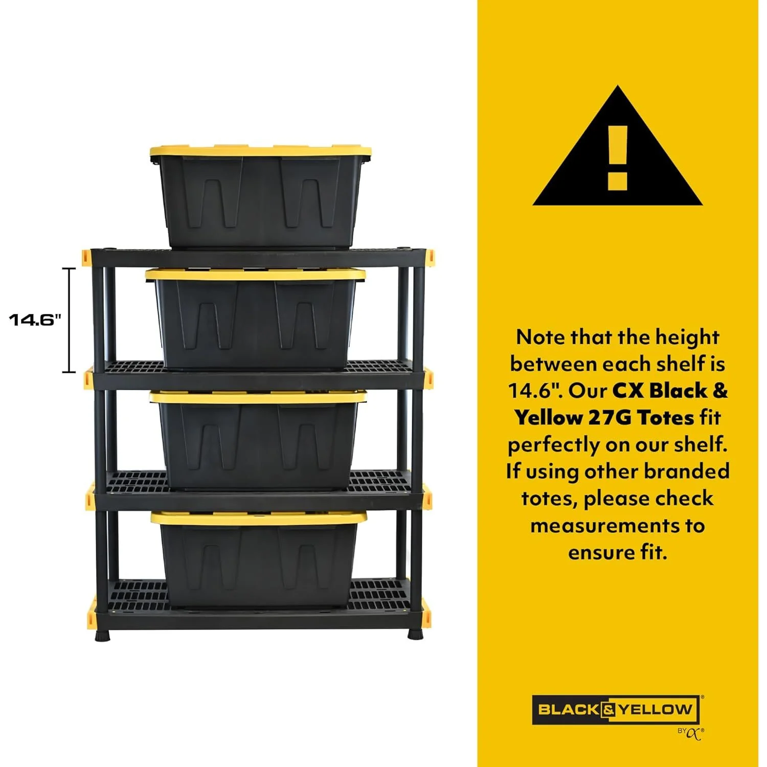 MMZP Black & Yellow?, 4-Tier Heavy Duty Plastic Storage Shelving Unit, 200lbs/shelf (55-H x 48-W x 20-D), for Indoor/Outdoor Organization, Modular Rack - Image 3