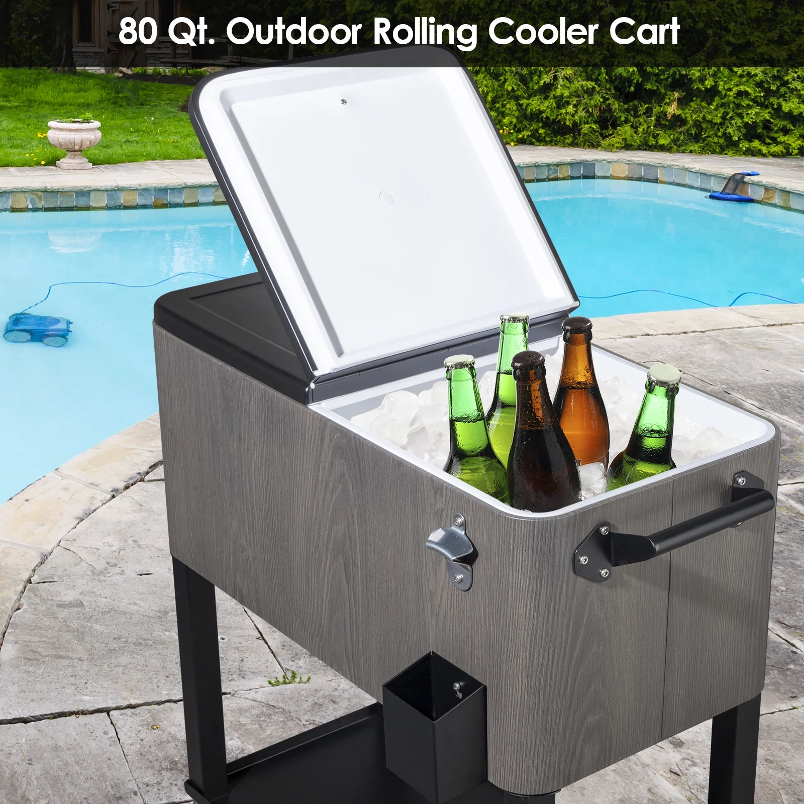 EasingRoom Iron Spray Plastic Patio Cooler Cart with Tray Cooler with Shelf Green - Image 16