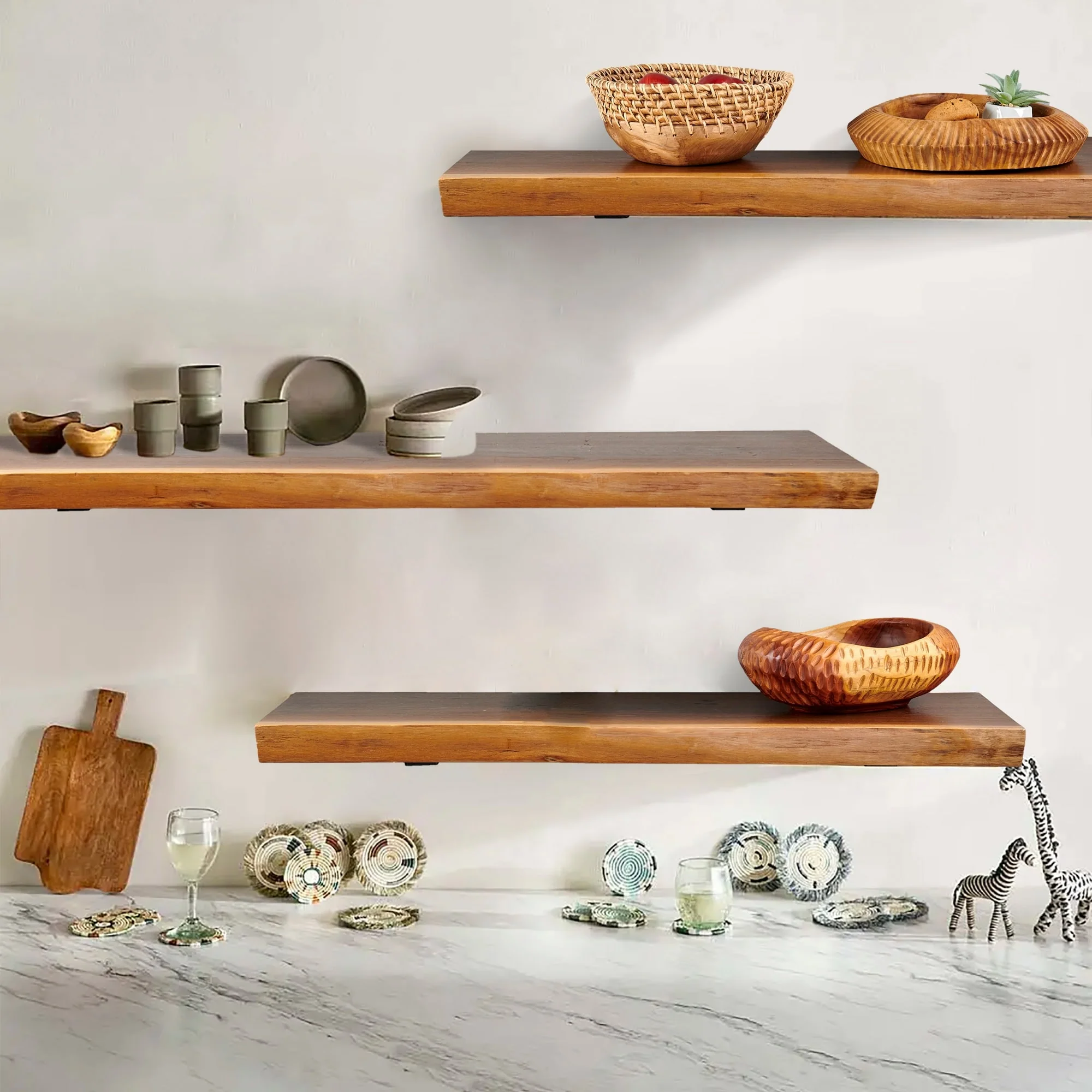 1 Piece Teak Wood Wall Shelf with Live Edge, Rustic Floating Shelf for Home Decor - Image 13