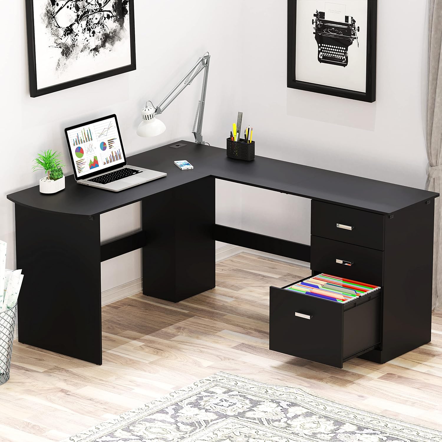 L-Shaped Home Office Wood Corner Desk w/ Box File Drawers, Black - Image 5