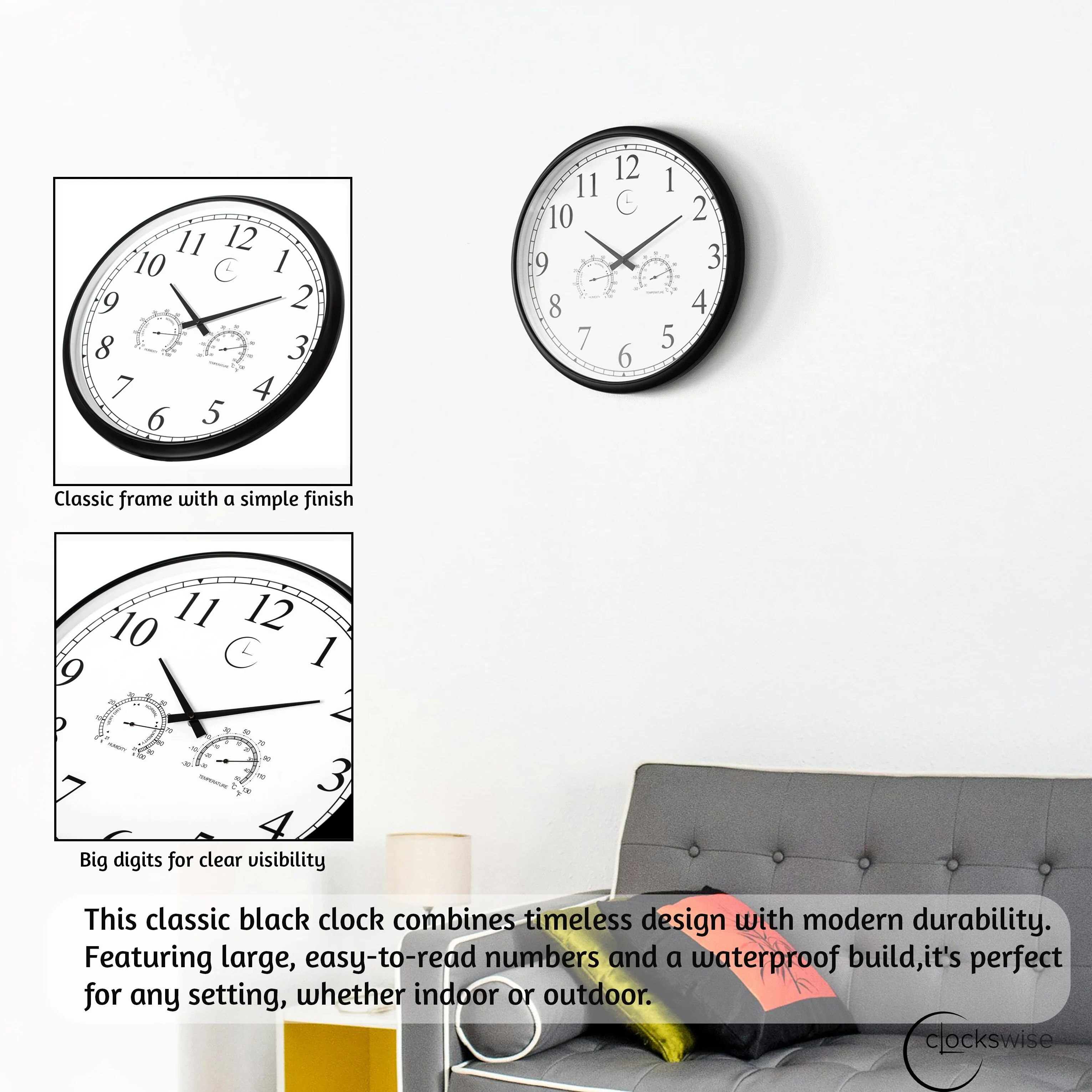 Large Outdoor Wall Clock with Thermometer, Waterproof Silent Garden Weather Station, Black - Image 16