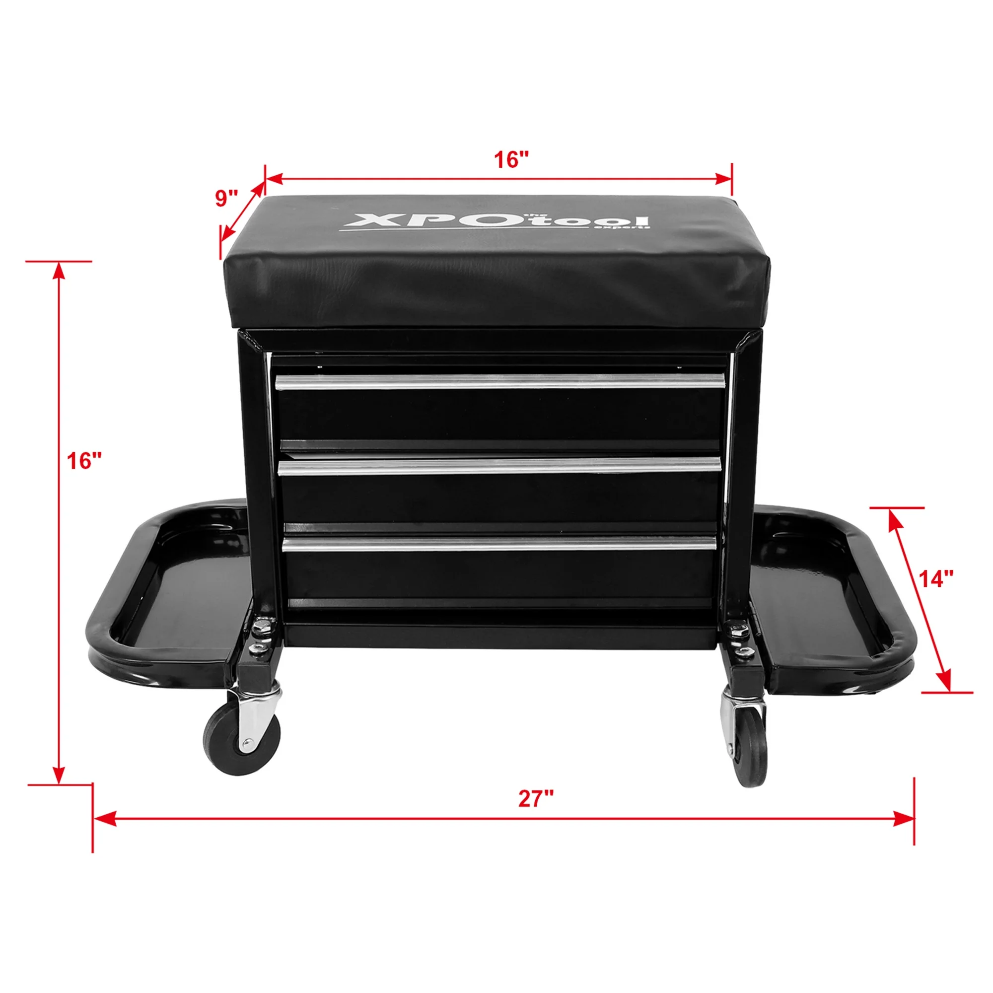 Aukfa Tool Chest Seat, Steel Rolling Tool Box with Wheels and Foldable Magnetic Storage Trays, 3-Drawers, 350LBS Capacity, Black - Image 5