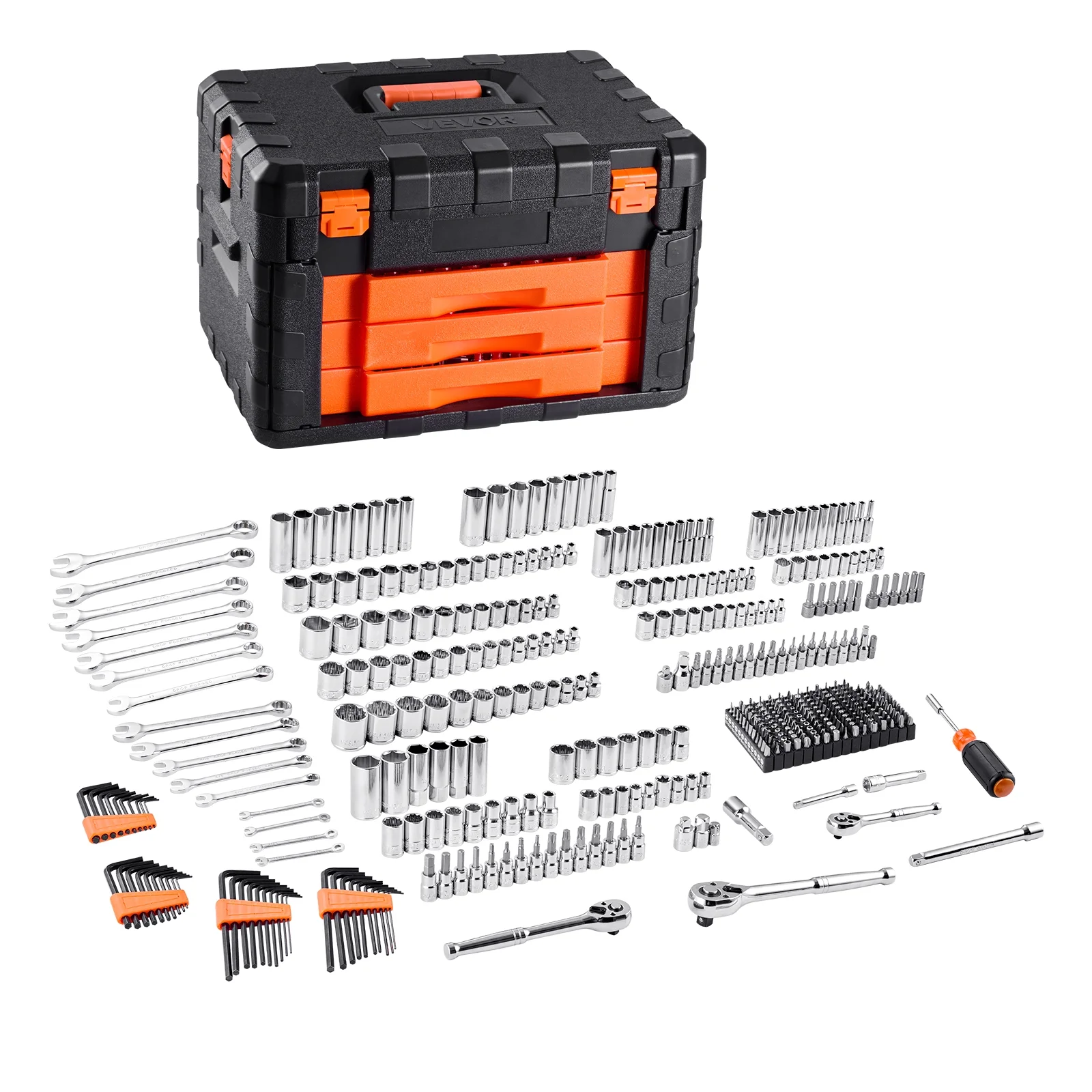 VEVOR Mechanics Tool Set and Socket Set,450 Pcs, 1/4, 3/8 and 1/2 inch Drive Deep and Standard Sockets, SAE Metric Mechanic Tool Kit with Bits, Wrenches, Accessories, Storage Case with Orange Drawer - Image 9