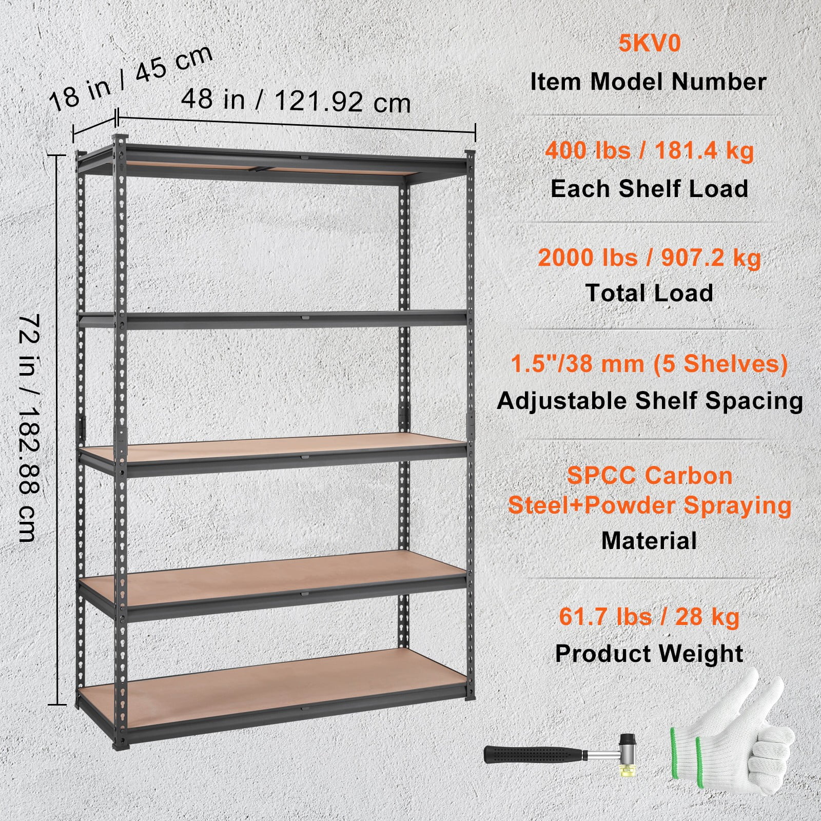 BHUIK 5-Tier Heavy Duty Garage Storage Shelving Unit, 48"W x 18"D x 72"H Adjustable Metal Rack, 2000 lbs Capacity, Industrial Black Steel Shelves for Basement, Kitchen, Utility or Laundry Room - Image 5