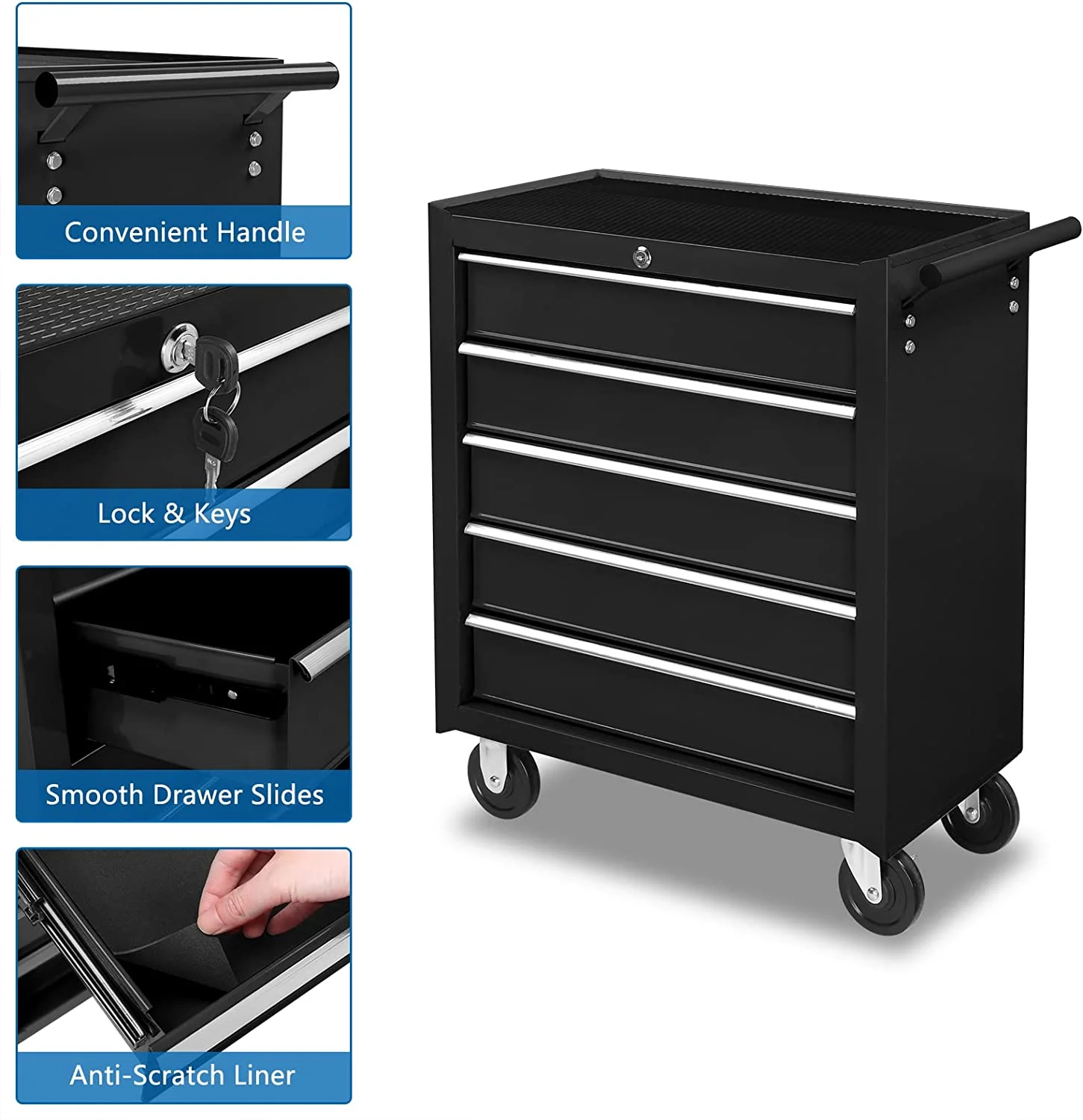 TUFFIOM 5-Drawer Rolling Tool Chest with Lock & Key, Tool Storage Organizer Box Cabinet with Wheels - Image 13