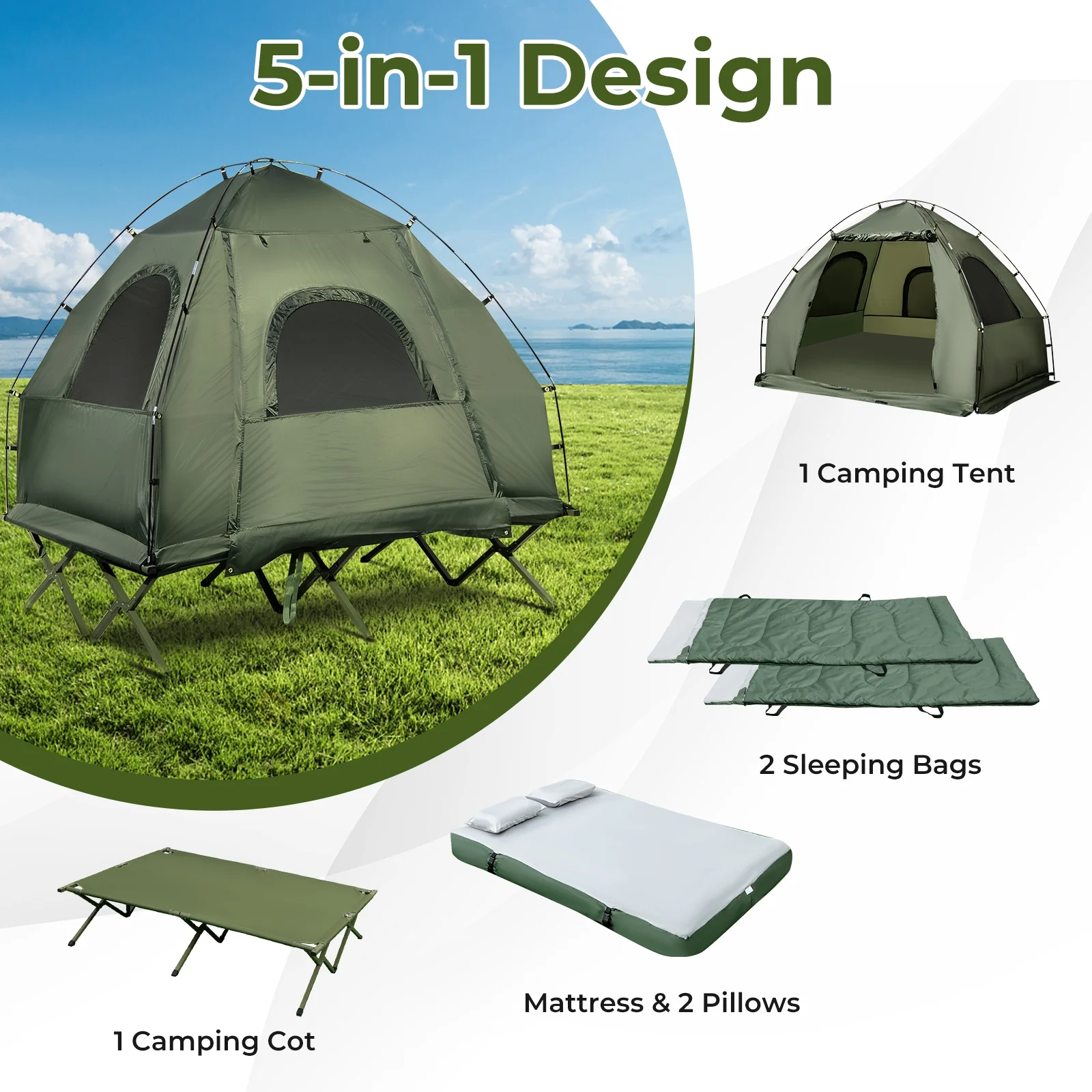Patiojoy Folding 2-Person Camping Tent Cot Portable Pop-Up Tent with Sleeping Bag&Air Mattress for Outdoor Activity - Image 6