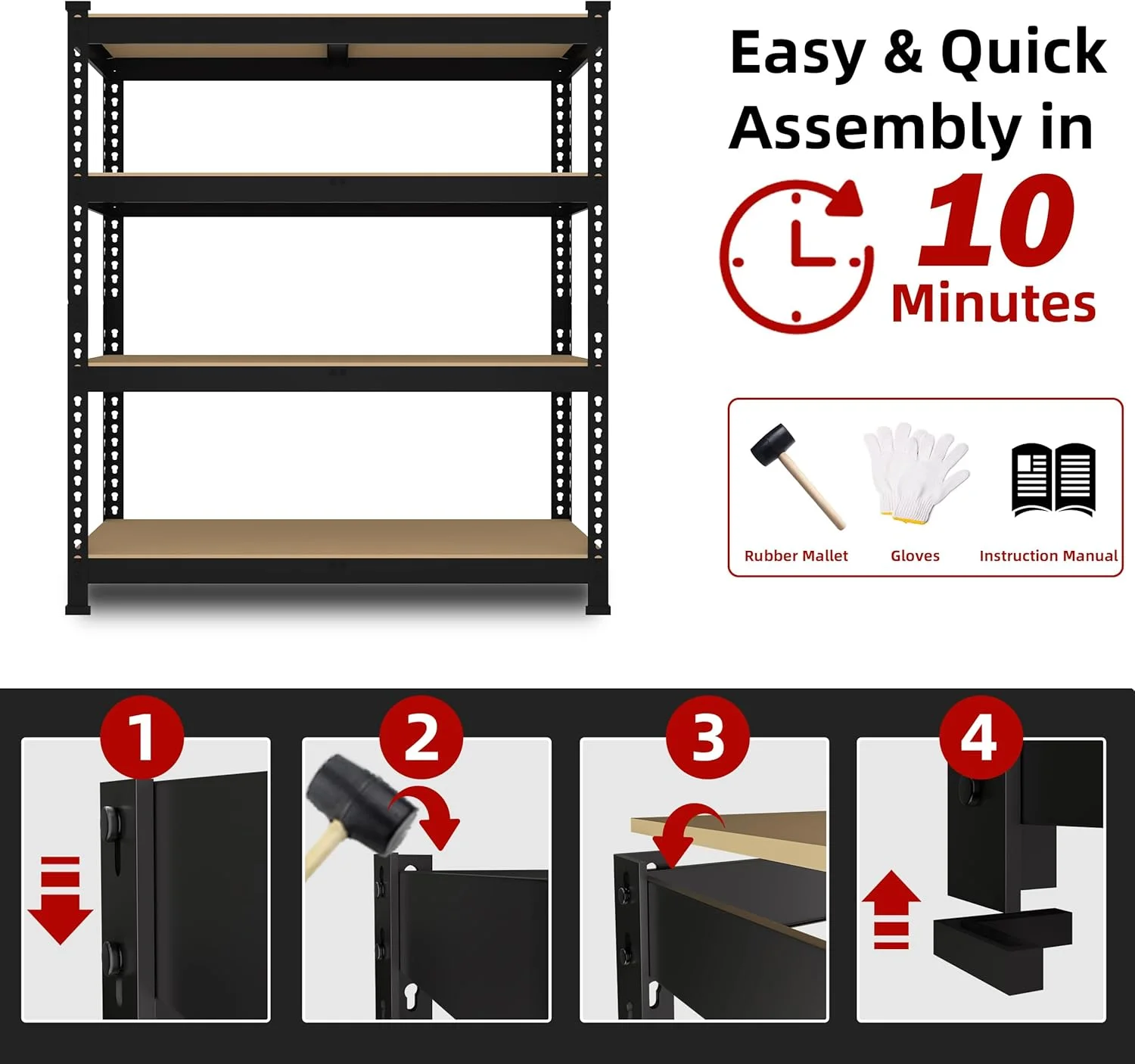 36" W x 16" D x 55" H Adjustable Garage Storage Shelves - 4-Shelf Heavy Duty Shelving Unit, Metal Utility Storage Organizer Racks for Warehouse Pantry Closet Kitchen, Black - Image 7