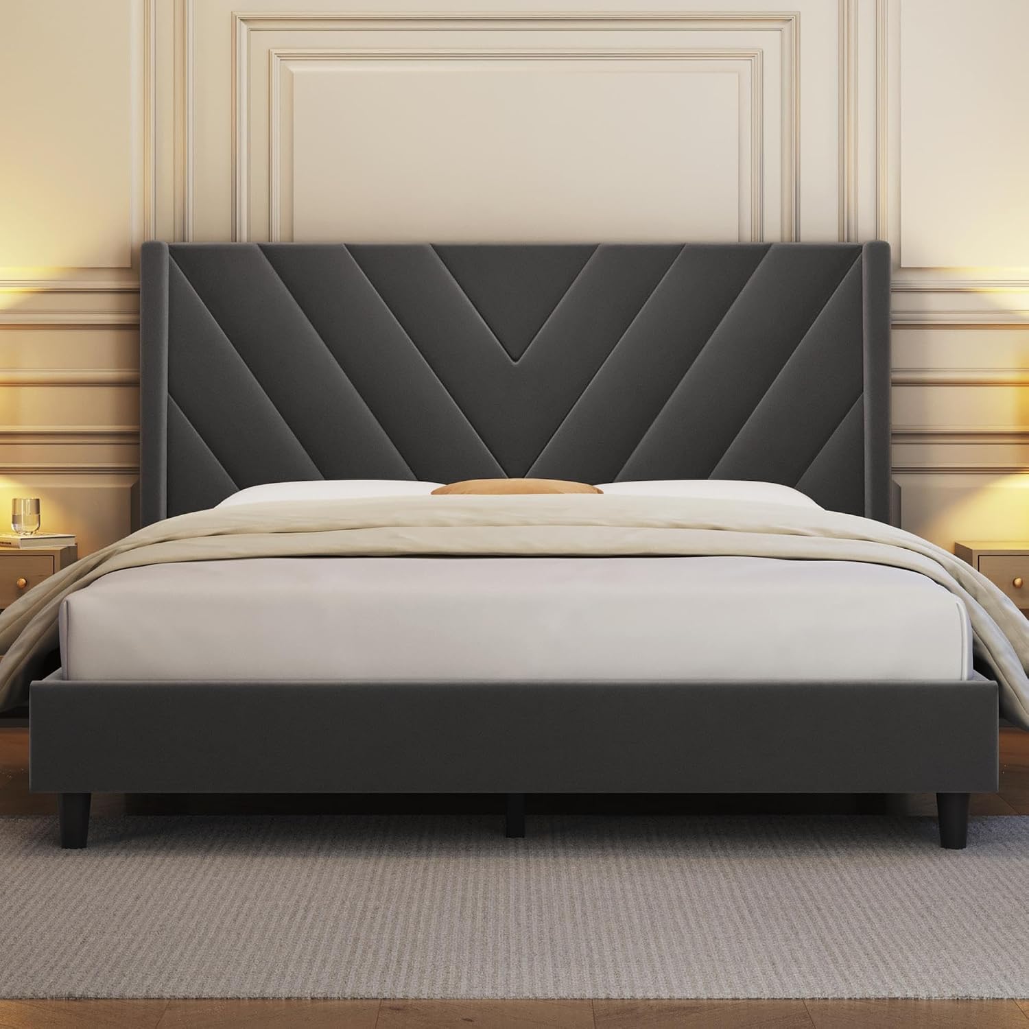 Twin Bed Frame with Chevron Channel-Tufted Headboard, Light Gray - Image 9