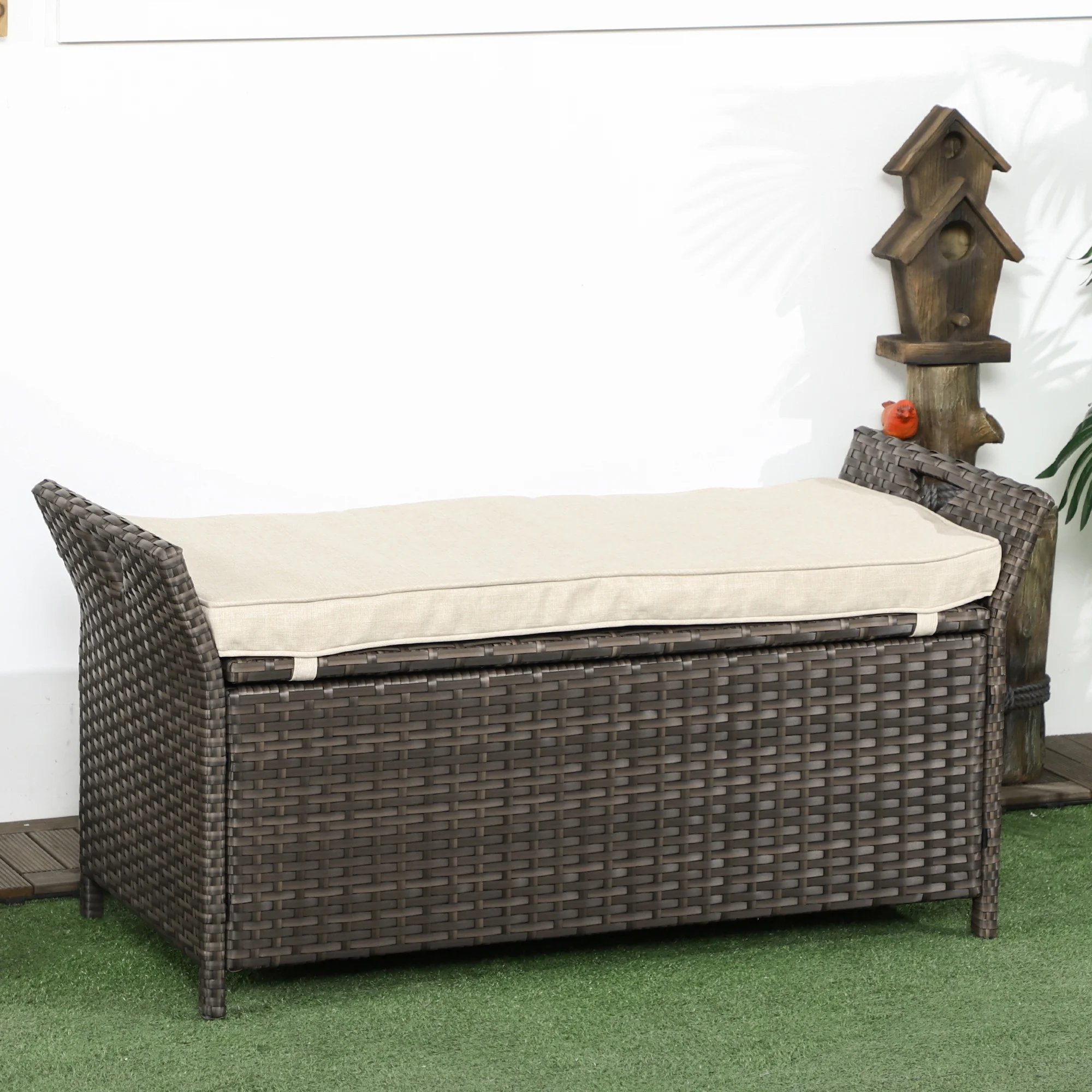 DUOSONG Outsunny 27 Gallon Patio Wicker Storage Bench, Outdoor Pe Rattan Patio Furniture, 2-In-1 Large Capacity Rectangle Garden Storage Box With Handles And Cushion, Cream White Brown+White Steel - Image 13