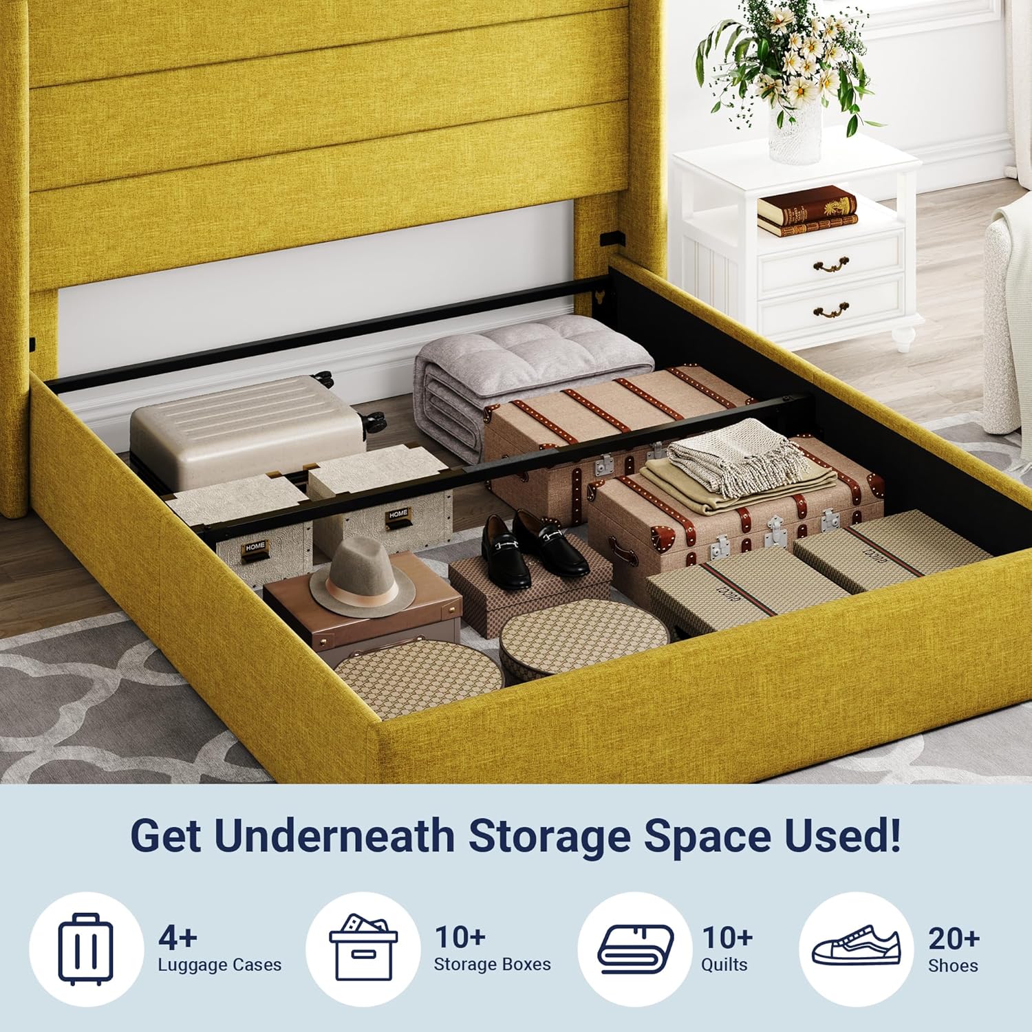 Queen Size Lift Up Storage Bed with Wingback Headboard, Upholstered Platform Bed Frame with Hidden Storage - Image 108