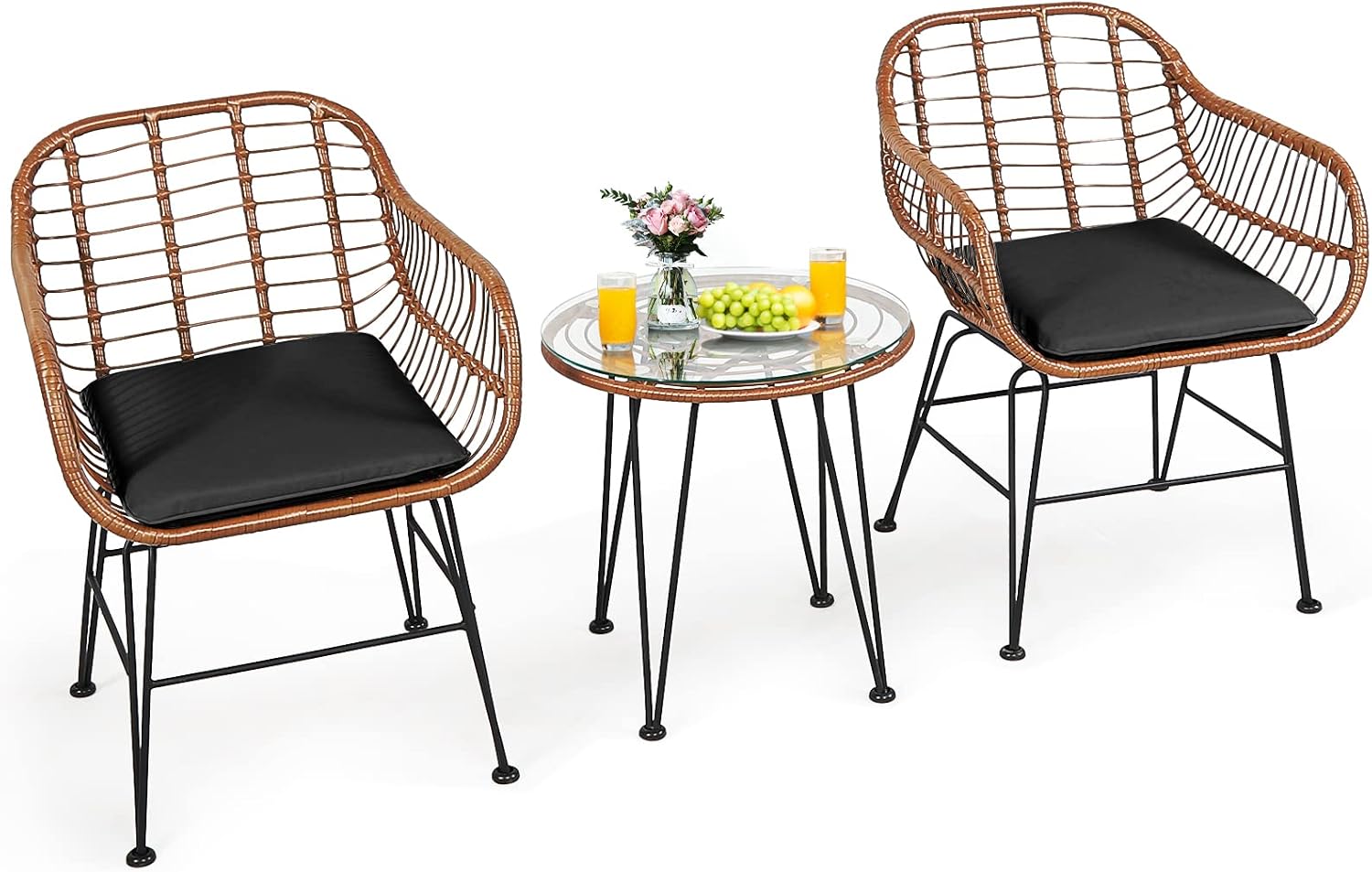 3 Pieces Patio Bistro Set, Rattan Conversation Set with 2 Cushioned Armchairs & Round Glass Coffee Table, Indoor Outdoor Wicker Furniture Set for Balcony, Backyard, Garden, Poolside - Image 12