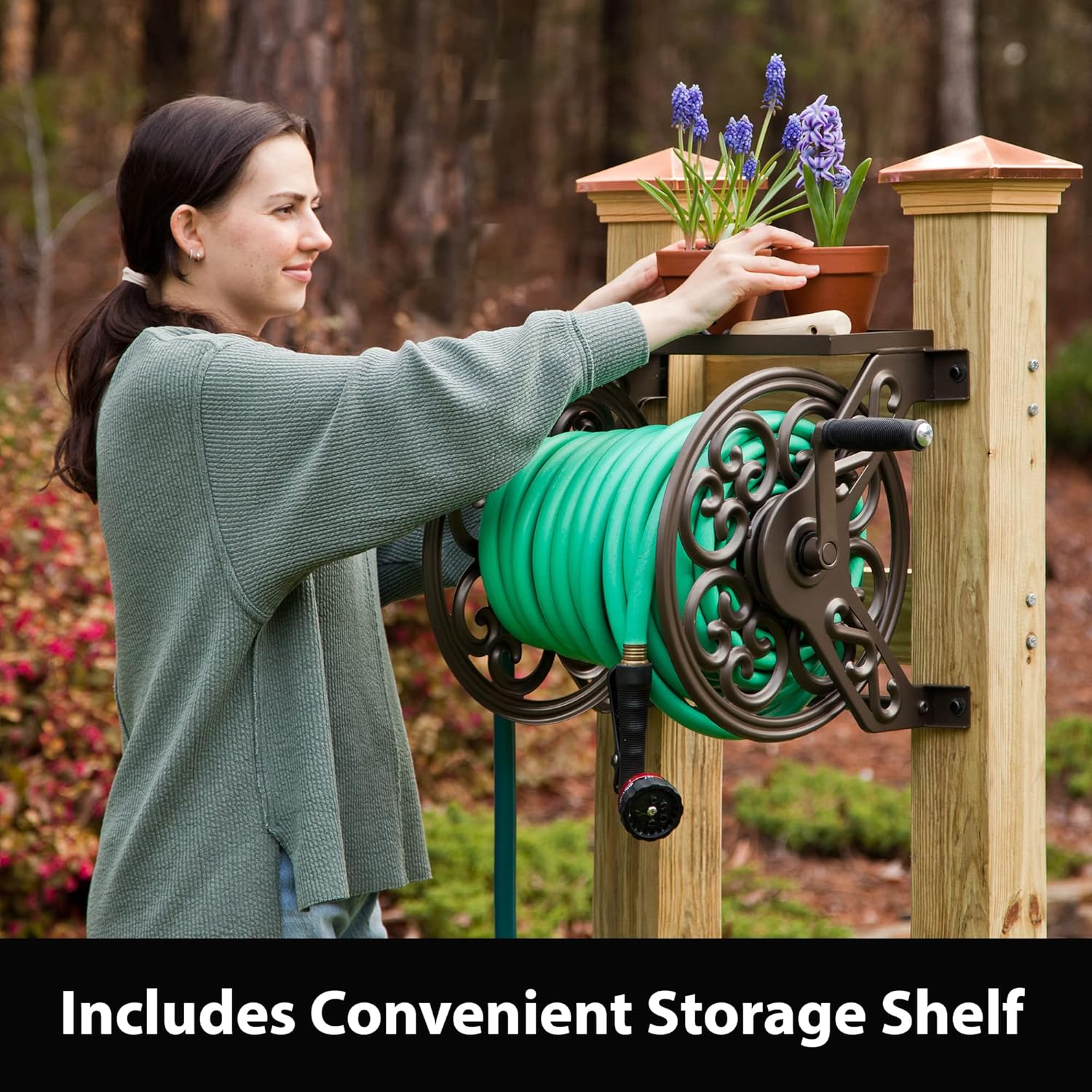Steel Decorative Wall Mount Garden Hose Reel, Outdoor Garden Hose Storage Holder for Patio and Yard - Image 5